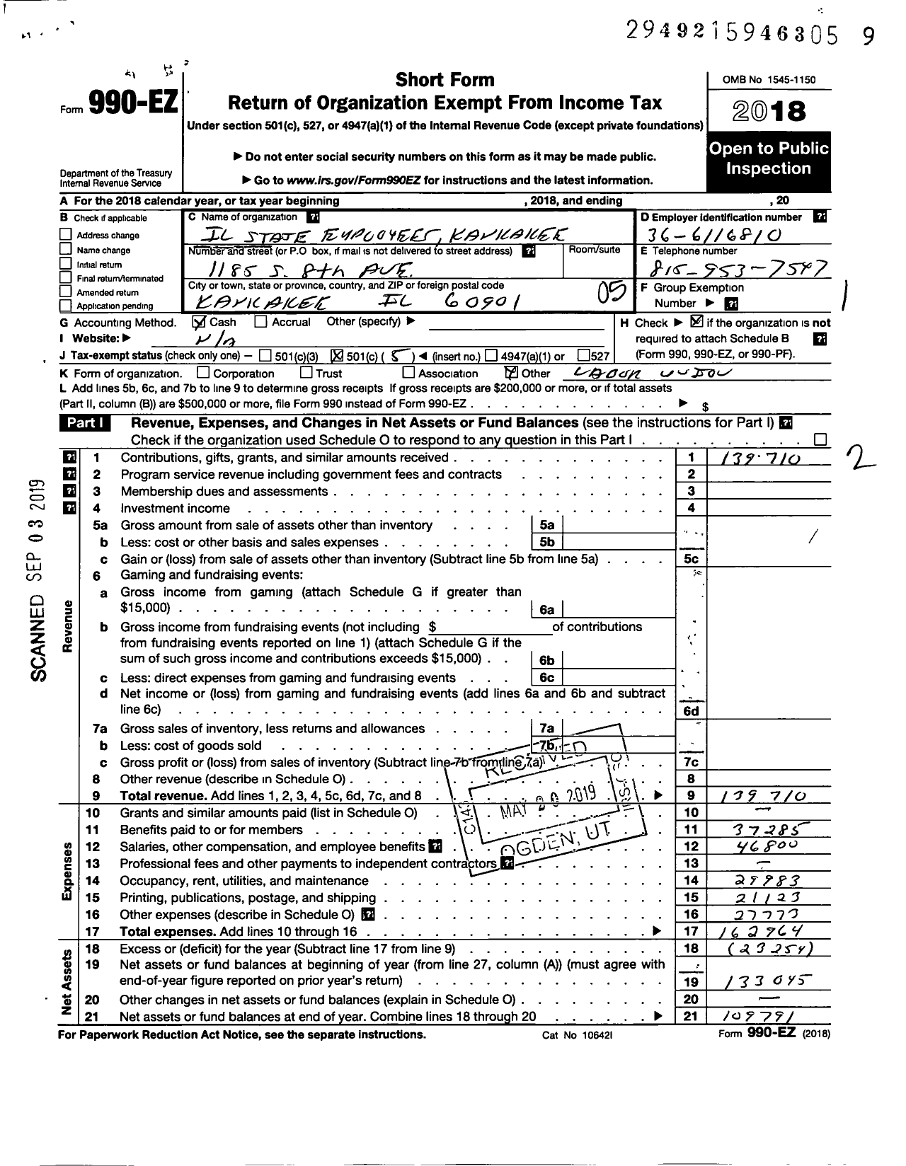 Image of first page of 2018 Form 990EO for American Federation of State County & Municipal Employees - L0029il Il St Emps Kankakee