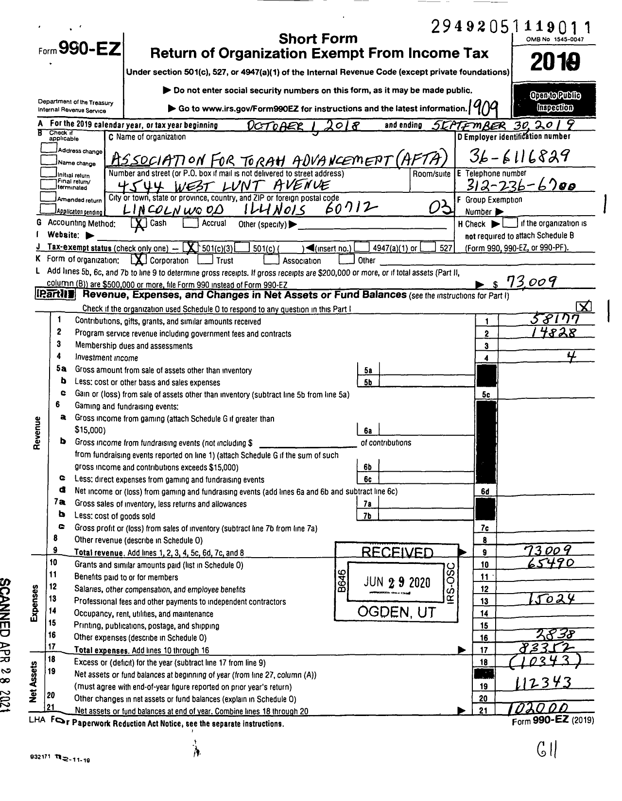 Image of first page of 2018 Form 990EZ for Association for Torah Advancement (AFTA)