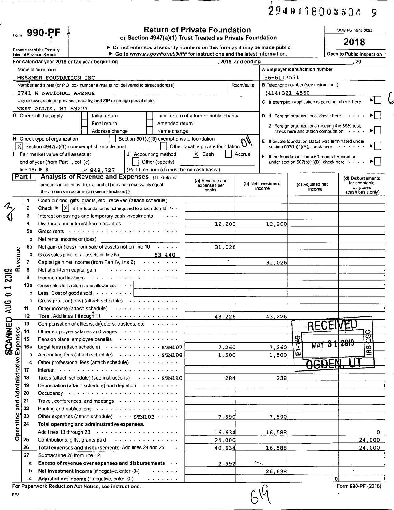 Image of first page of 2018 Form 990PF for Messmer Foundation