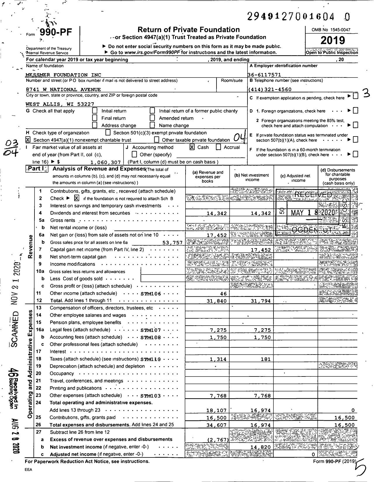 Image of first page of 2019 Form 990PF for Messmer Foundation