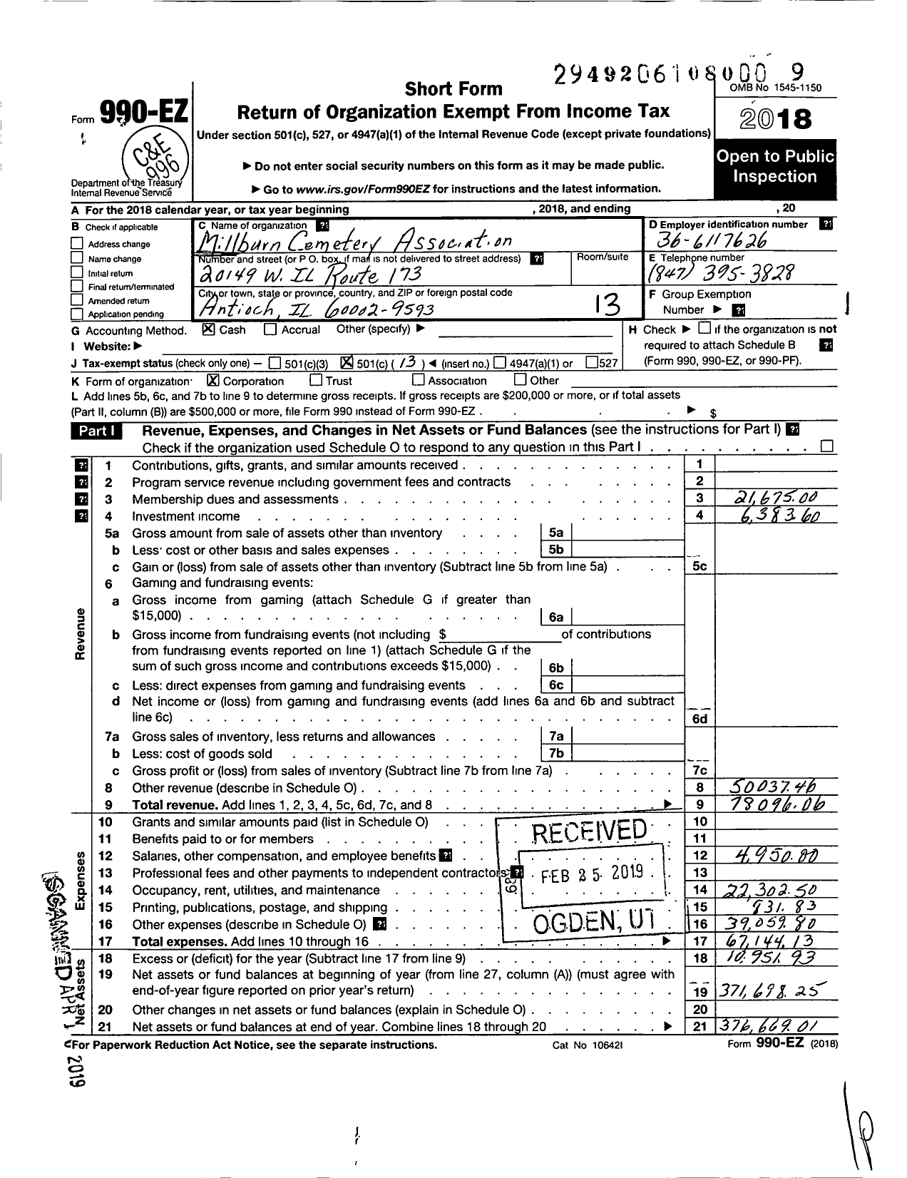 Image of first page of 2018 Form 990EO for Millburn Cemetery Association