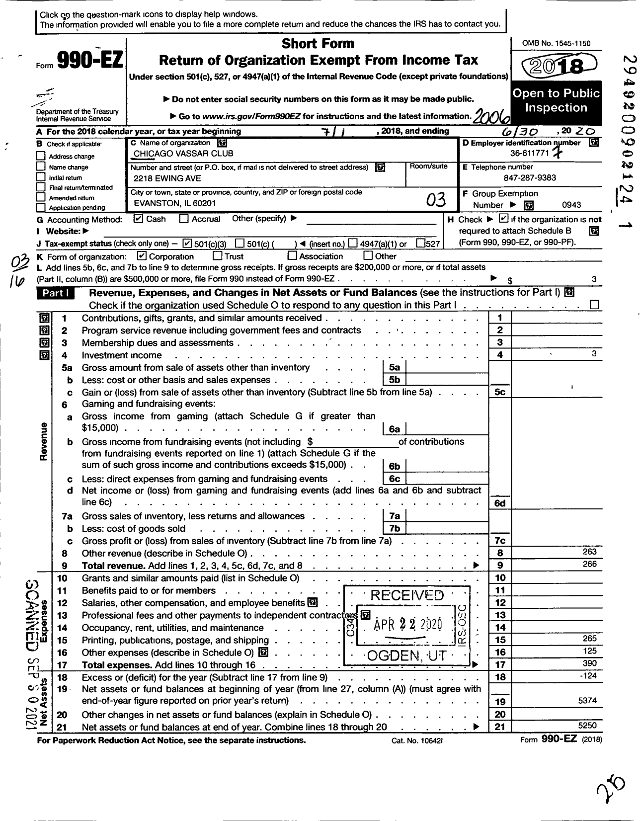 Image of first page of 2019 Form 990EZ for Chicago Vassar Club