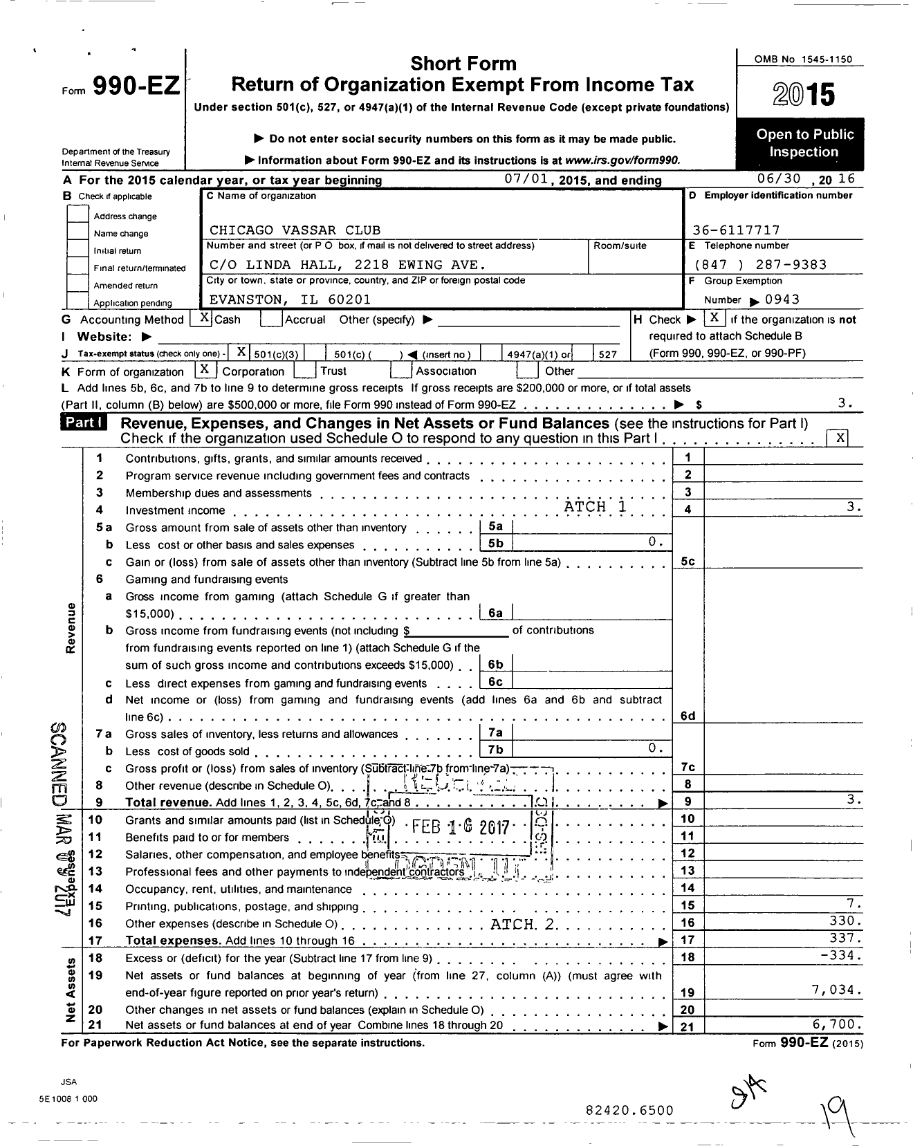 Image of first page of 2015 Form 990EZ for Chicago Vassar Club