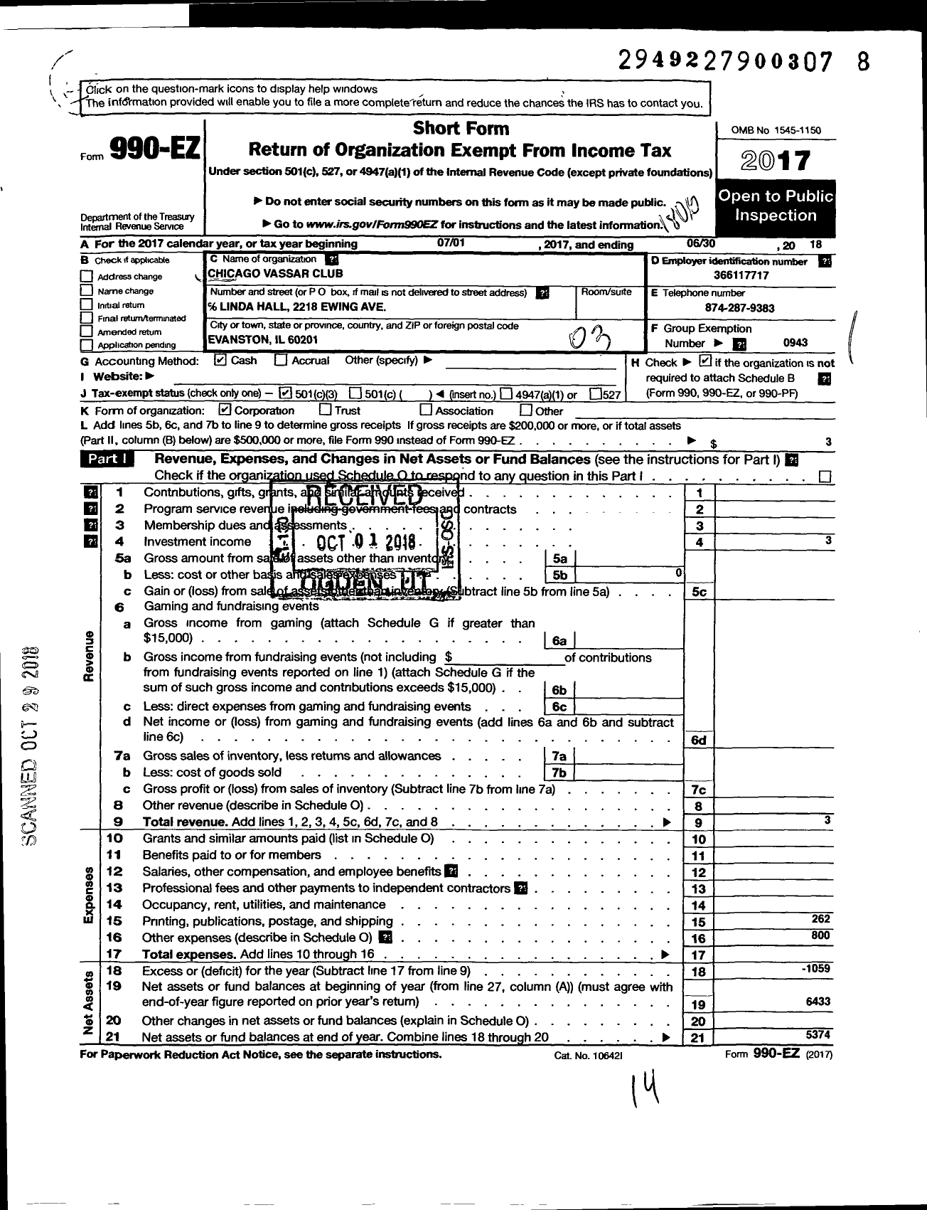 Image of first page of 2017 Form 990EZ for Chicago Vassar Club