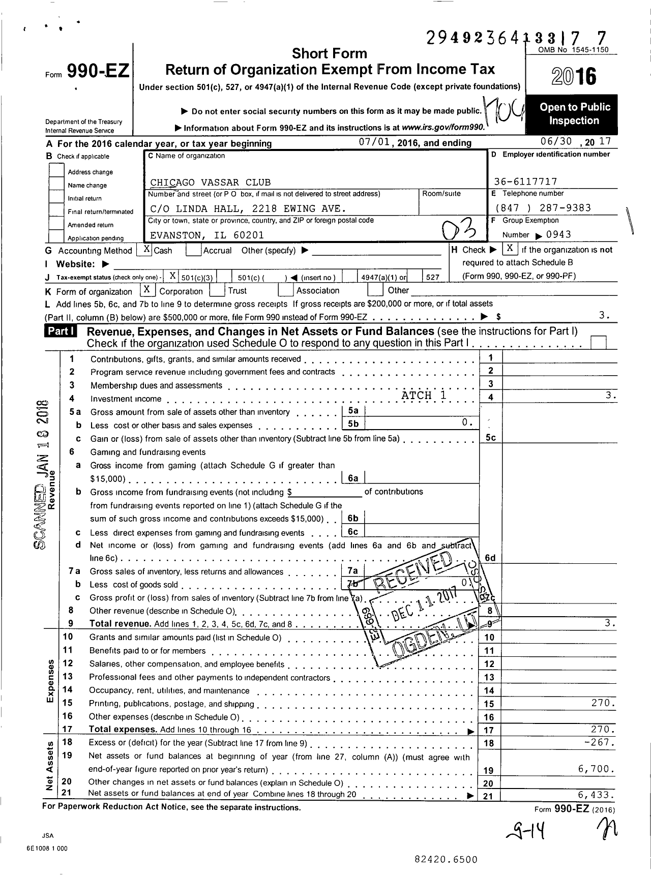 Image of first page of 2016 Form 990EZ for Chicago Vassar Club