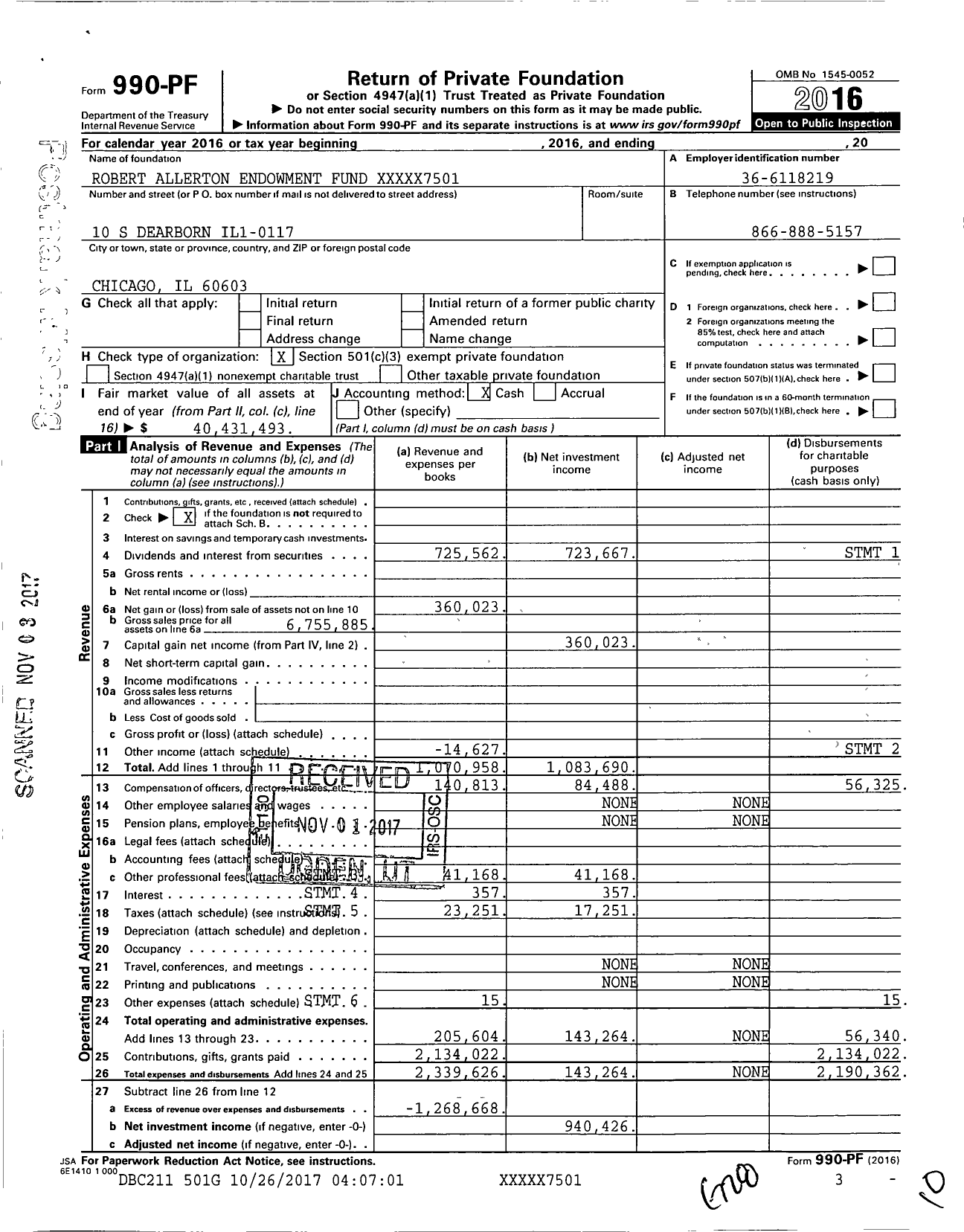 Image of first page of 2016 Form 990PF for Robert Allerton Trust Under Will Dated April 15 1964