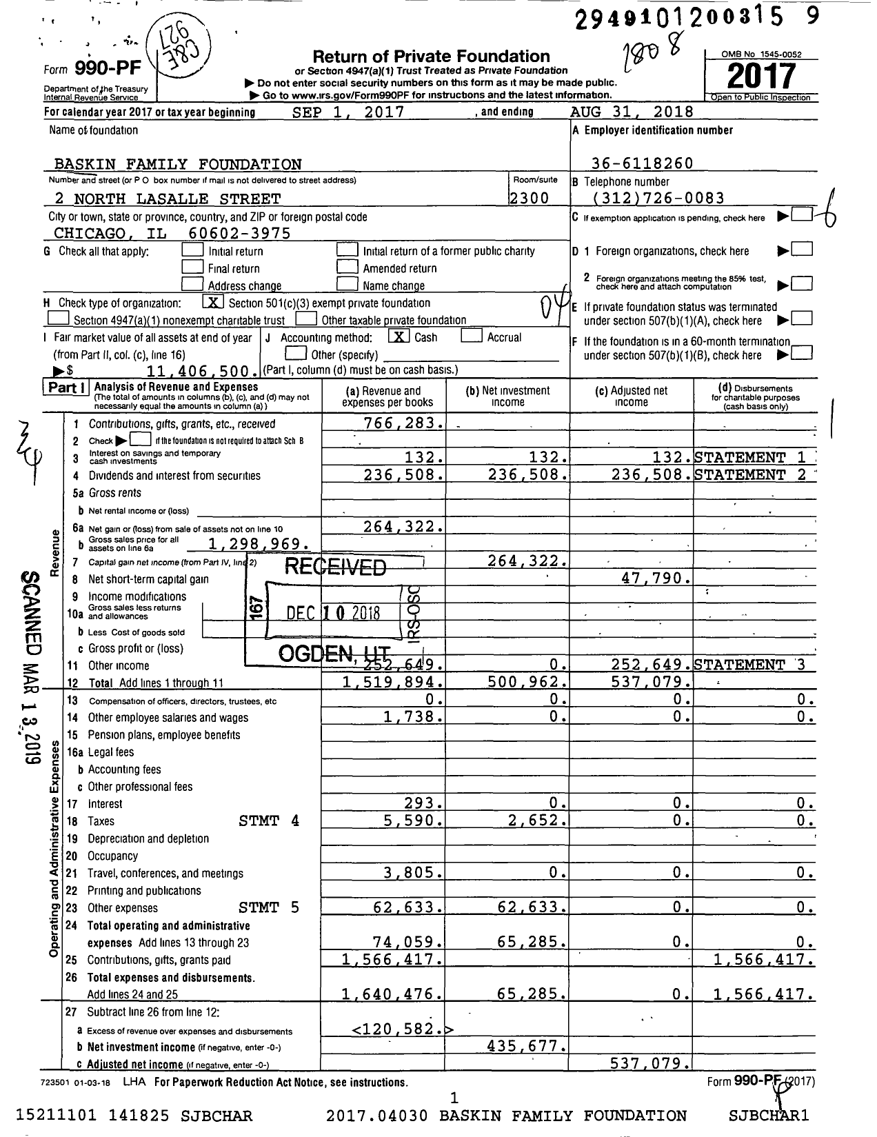 Image of first page of 2017 Form 990PF for Baskin Family Foundation