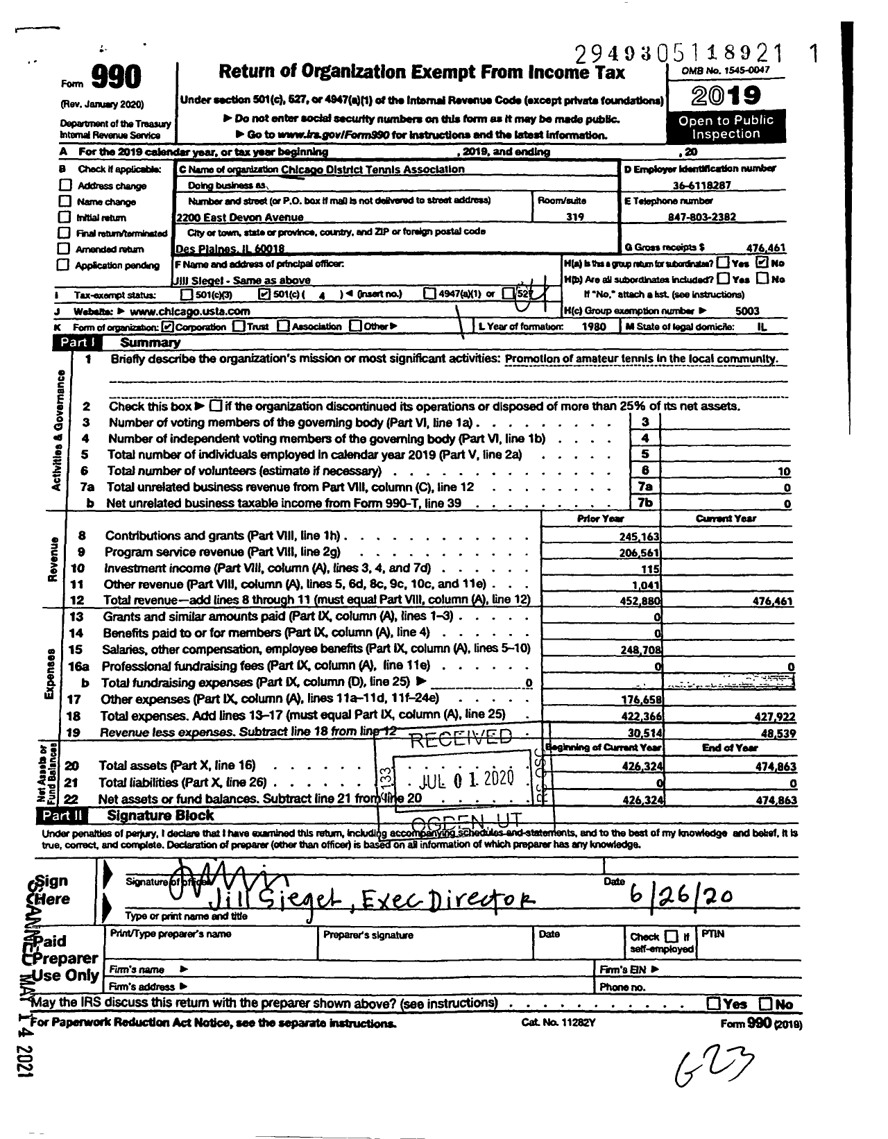 Image of first page of 2019 Form 990O for Chicago District Tennis Association