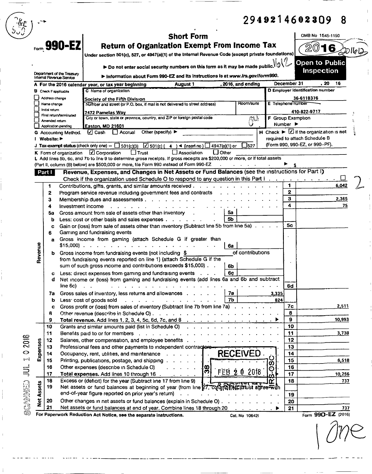 Image of first page of 2016 Form 990EO for Society of the Fifth Division