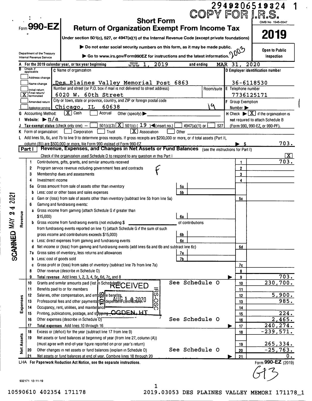 Image of first page of 2019 Form 990EO for VFW Dept of Illinois - 6863 Des Plaines Valley Memorial PO