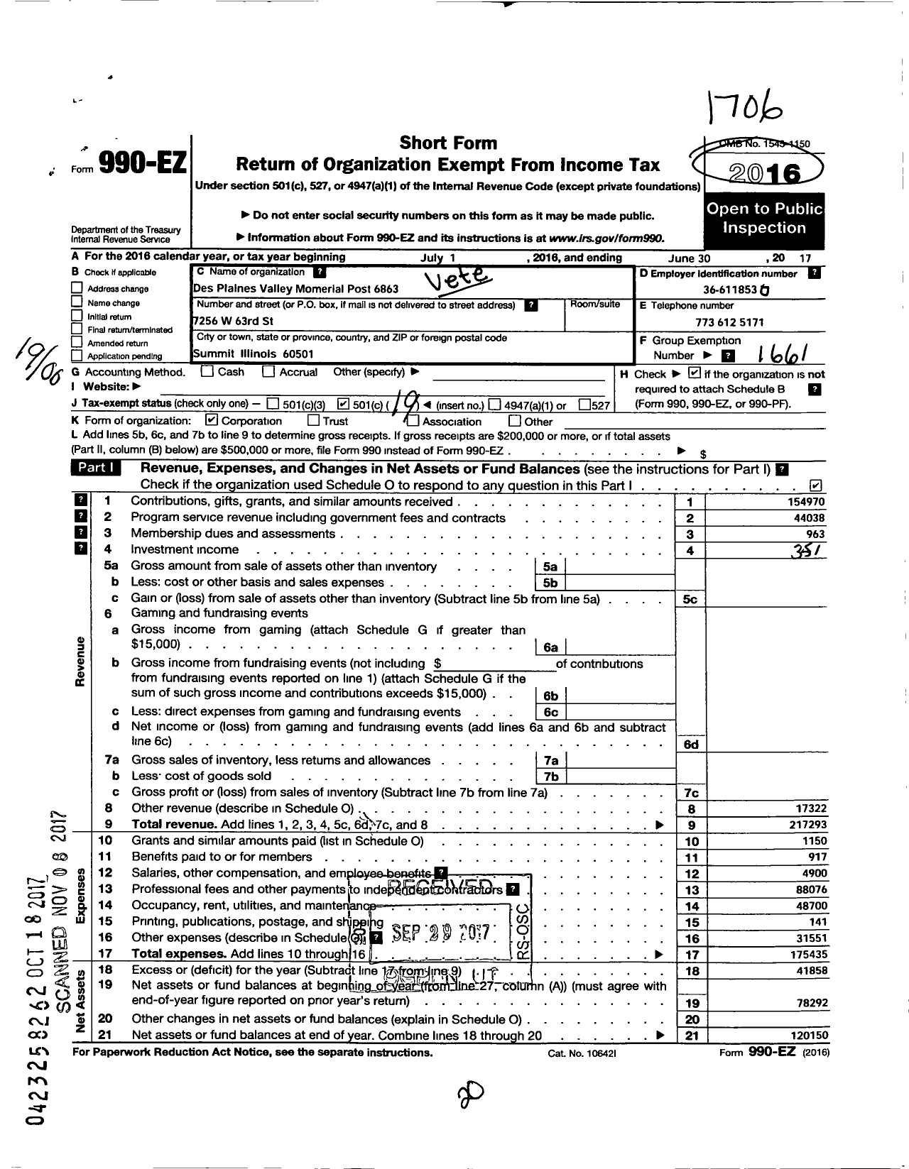 Image of first page of 2016 Form 990EO for VFW Dept of Illinois - 6863 Des Plaines Valley Memorial PO