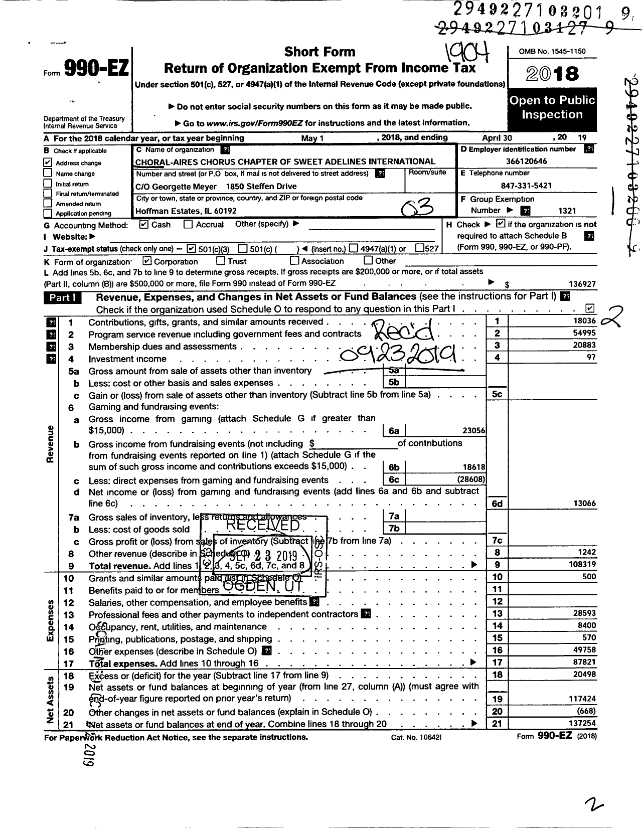 Image of first page of 2018 Form 990EZ for Sweet Adelines International - 110053 Choral Aires