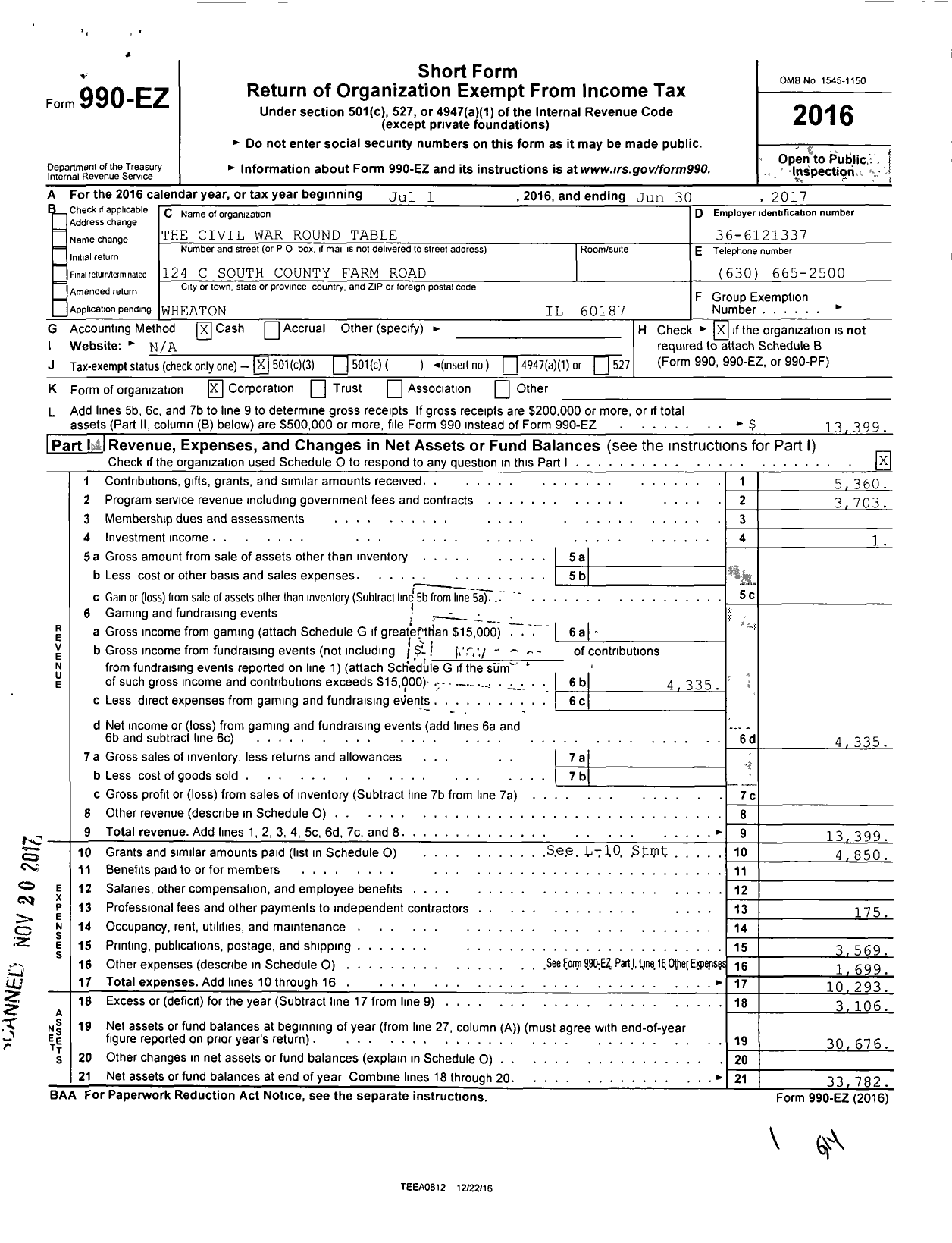 Image of first page of 2016 Form 990EZ for Civil War Round Table