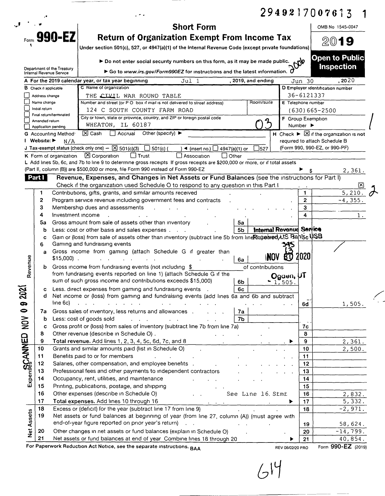 Image of first page of 2019 Form 990EZ for Civil War Round Table