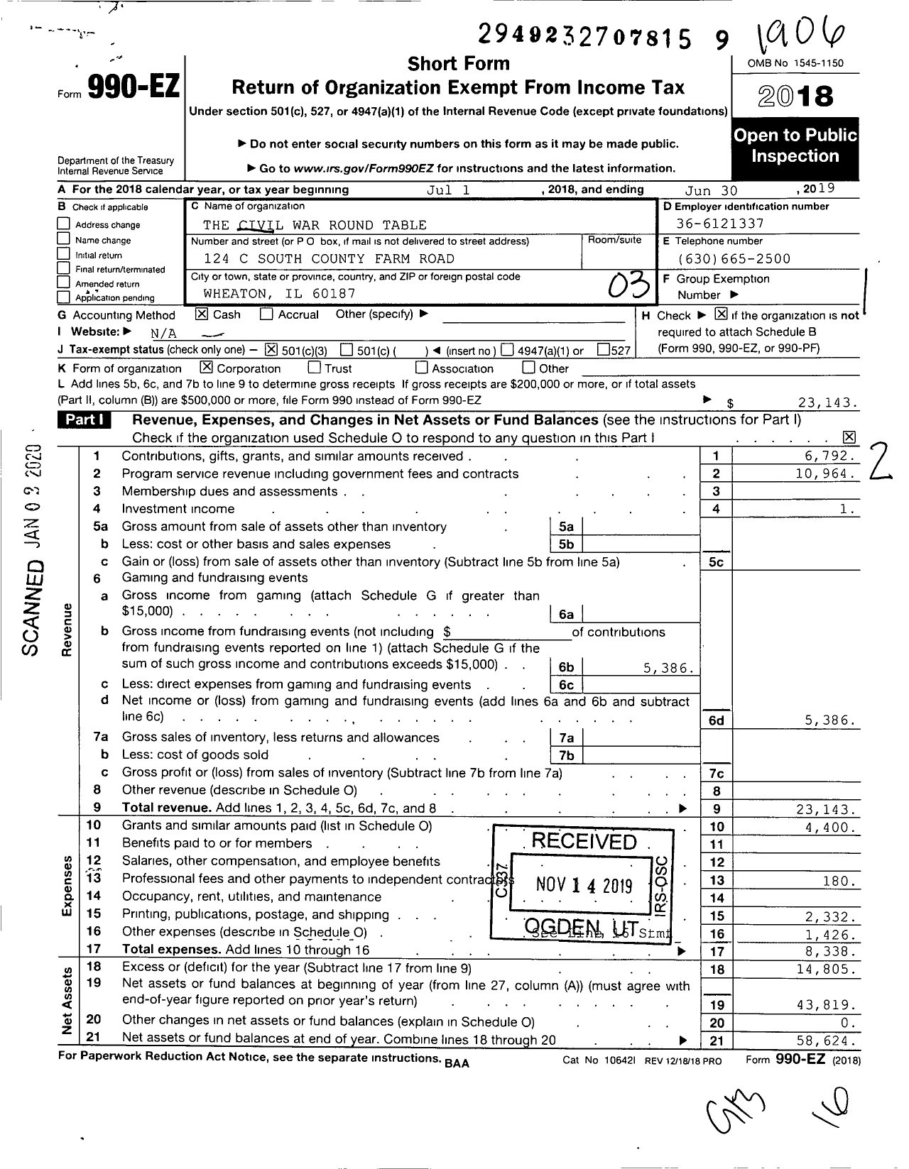 Image of first page of 2018 Form 990EZ for Civil War Round Table