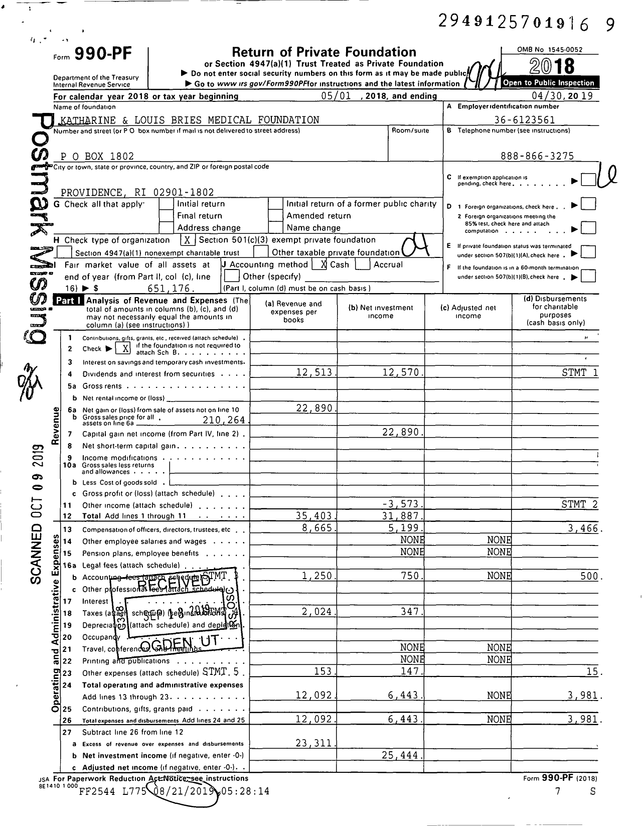 Image of first page of 2018 Form 990PF for Katharine and Louis Bries Medical Foundation