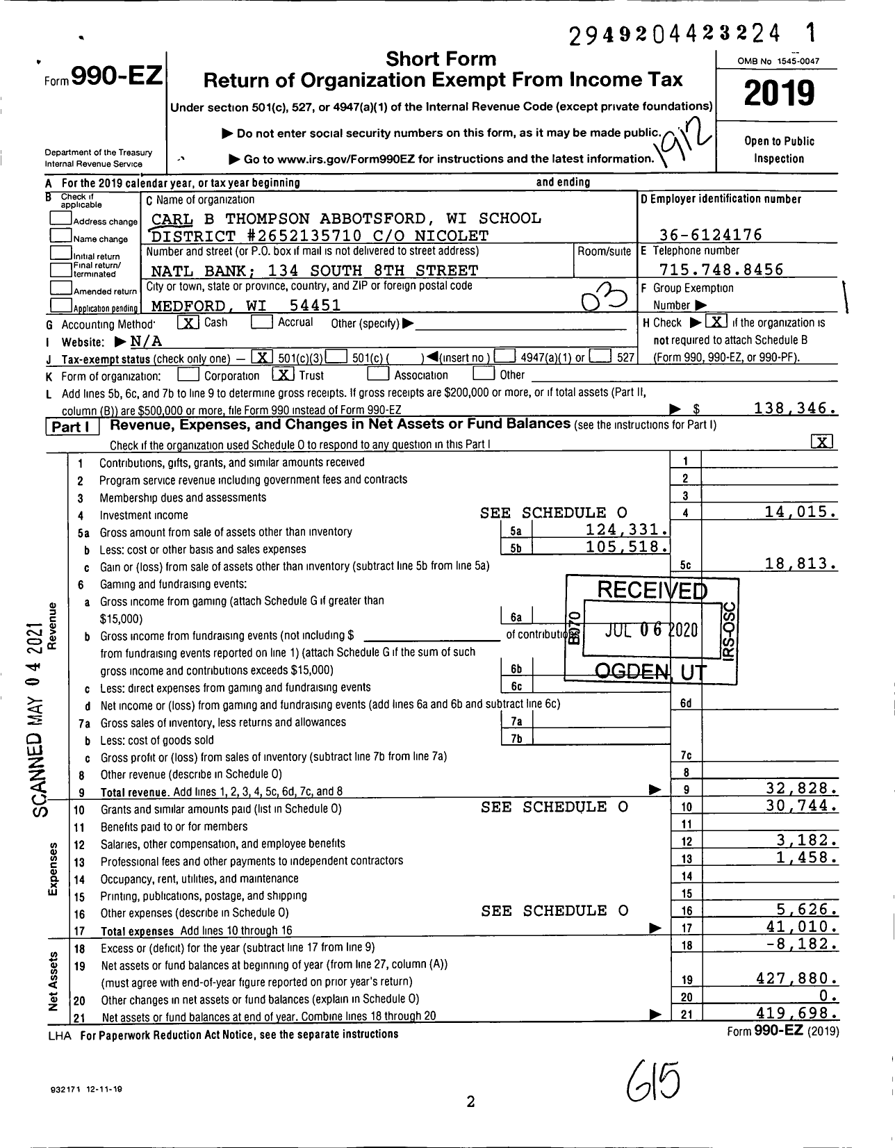 Image of first page of 2019 Form 990EZ for Carl B Thompson Abbotsford Wi School District #2652135710