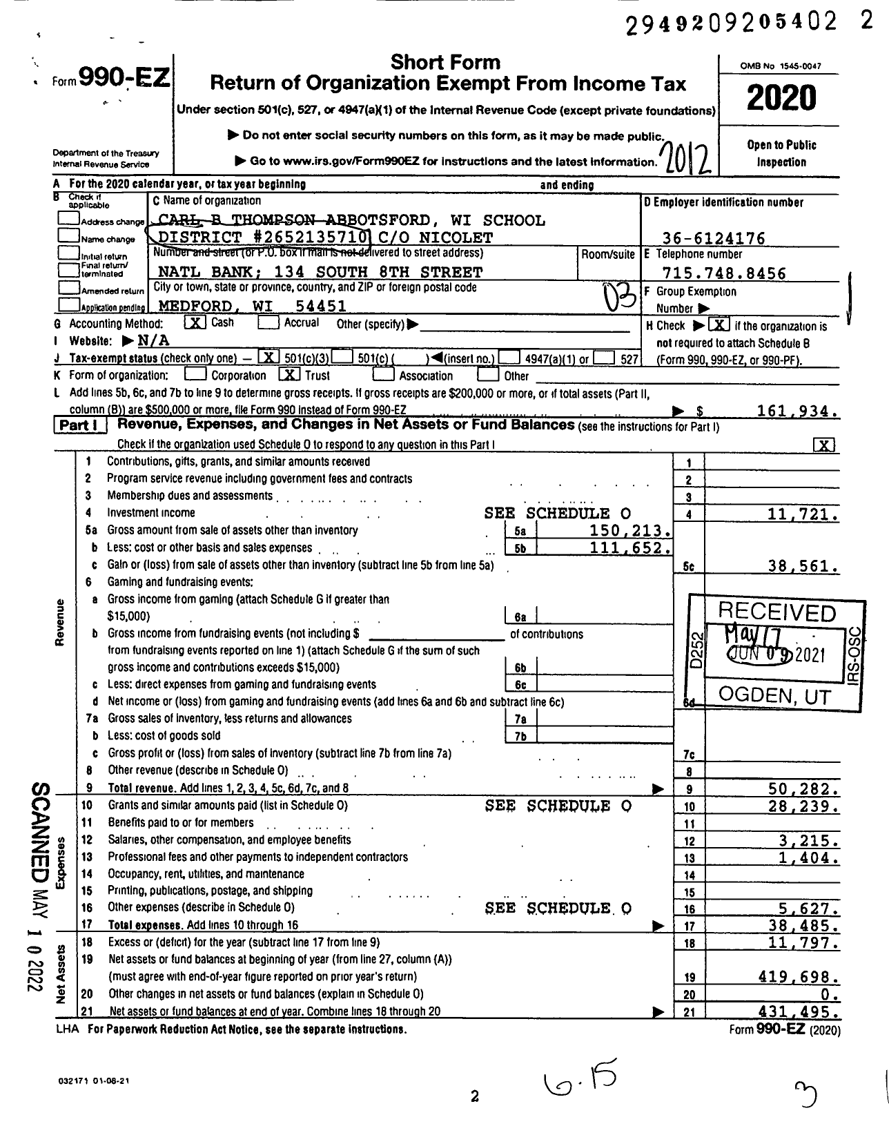 Image of first page of 2020 Form 990EZ for Carl B Thompson Abbotsford Wi School District #2652135710