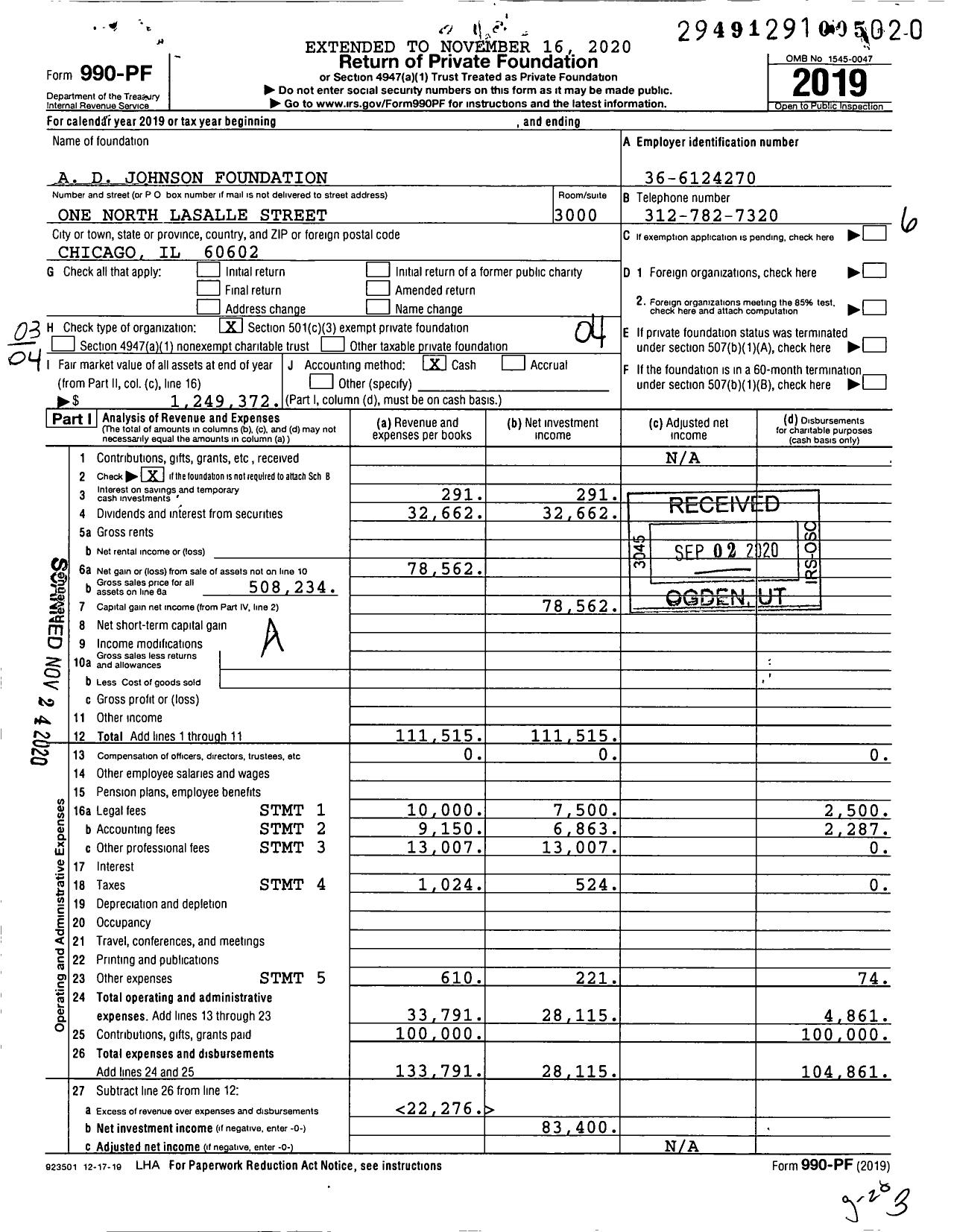 Image of first page of 2019 Form 990PF for A D Johnson Foundation