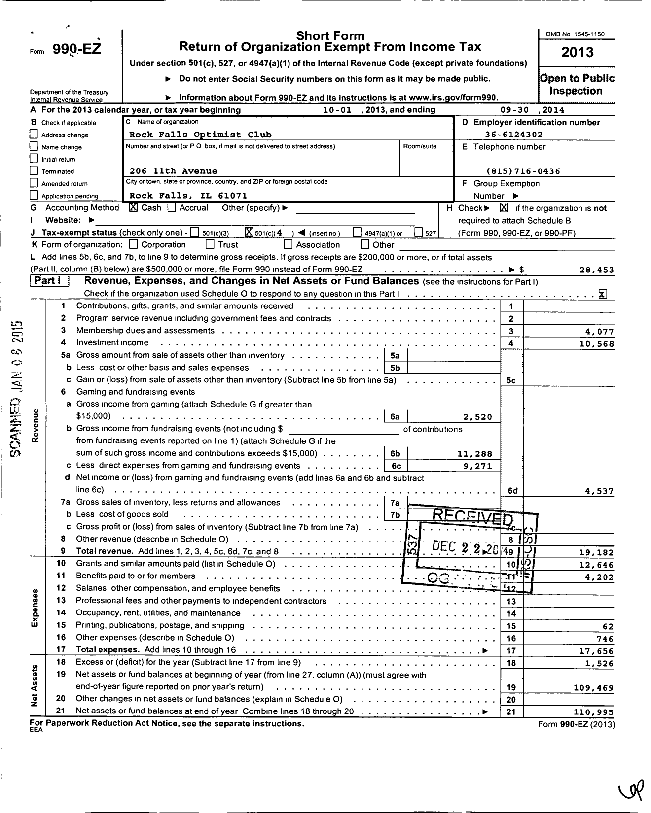 Image of first page of 2013 Form 990EO for Optimist International - 12302 Oc of Rock Falls Il