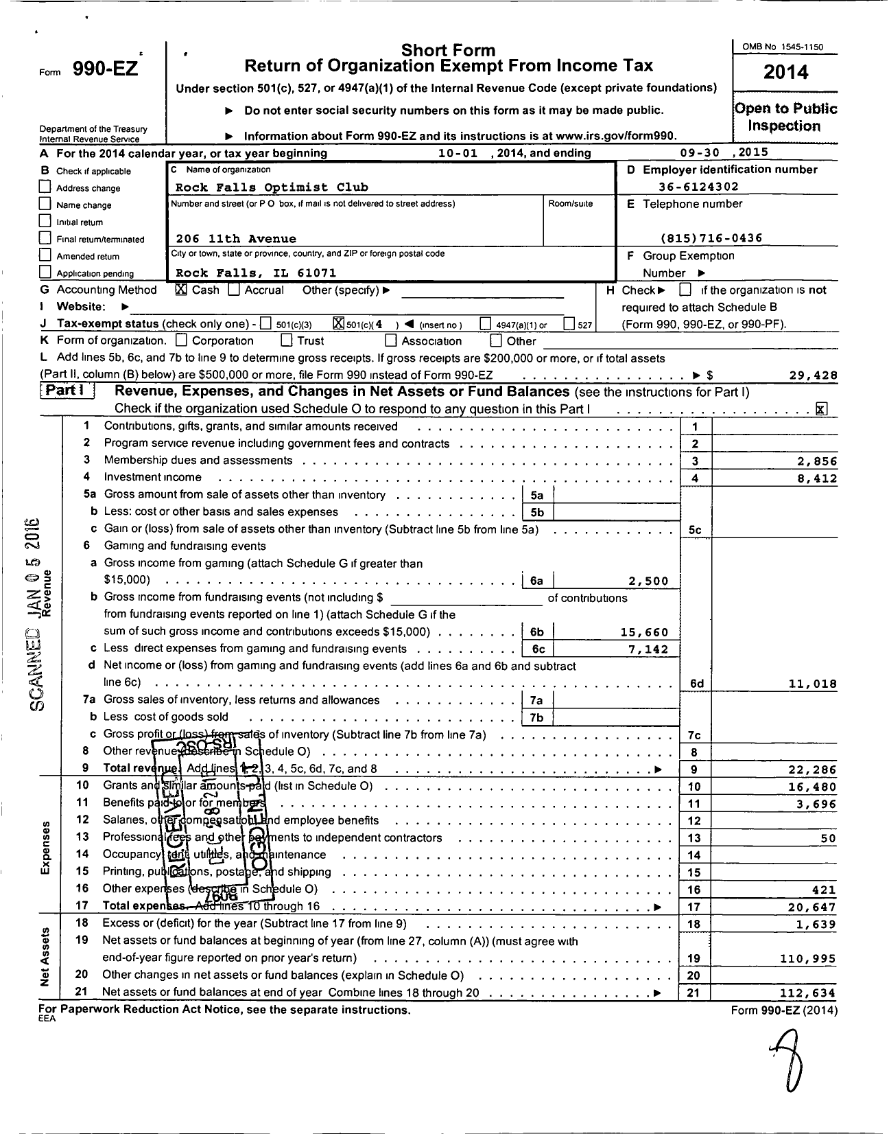 Image of first page of 2014 Form 990EO for Optimist International - 12302 Oc of Rock Falls Il