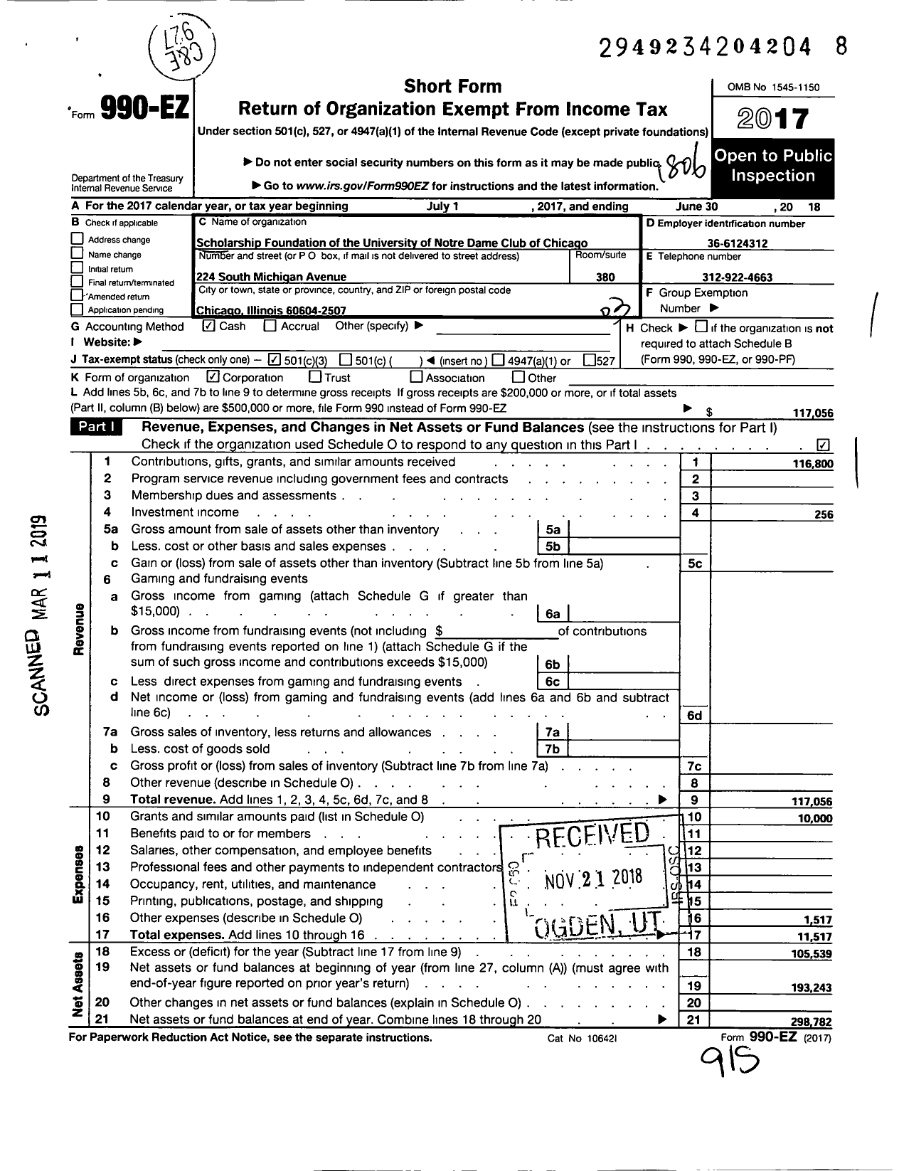 Image of first page of 2017 Form 990EZ for Scholarship Foundation of the University of Notre Dame Club of Chicago