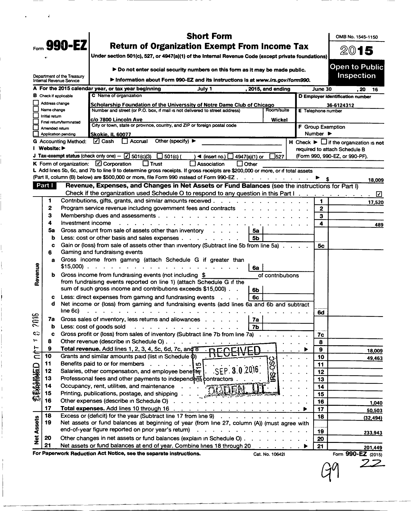 Image of first page of 2015 Form 990EZ for Scholarship Foundation of the University of Notre Dame Club of Chicago