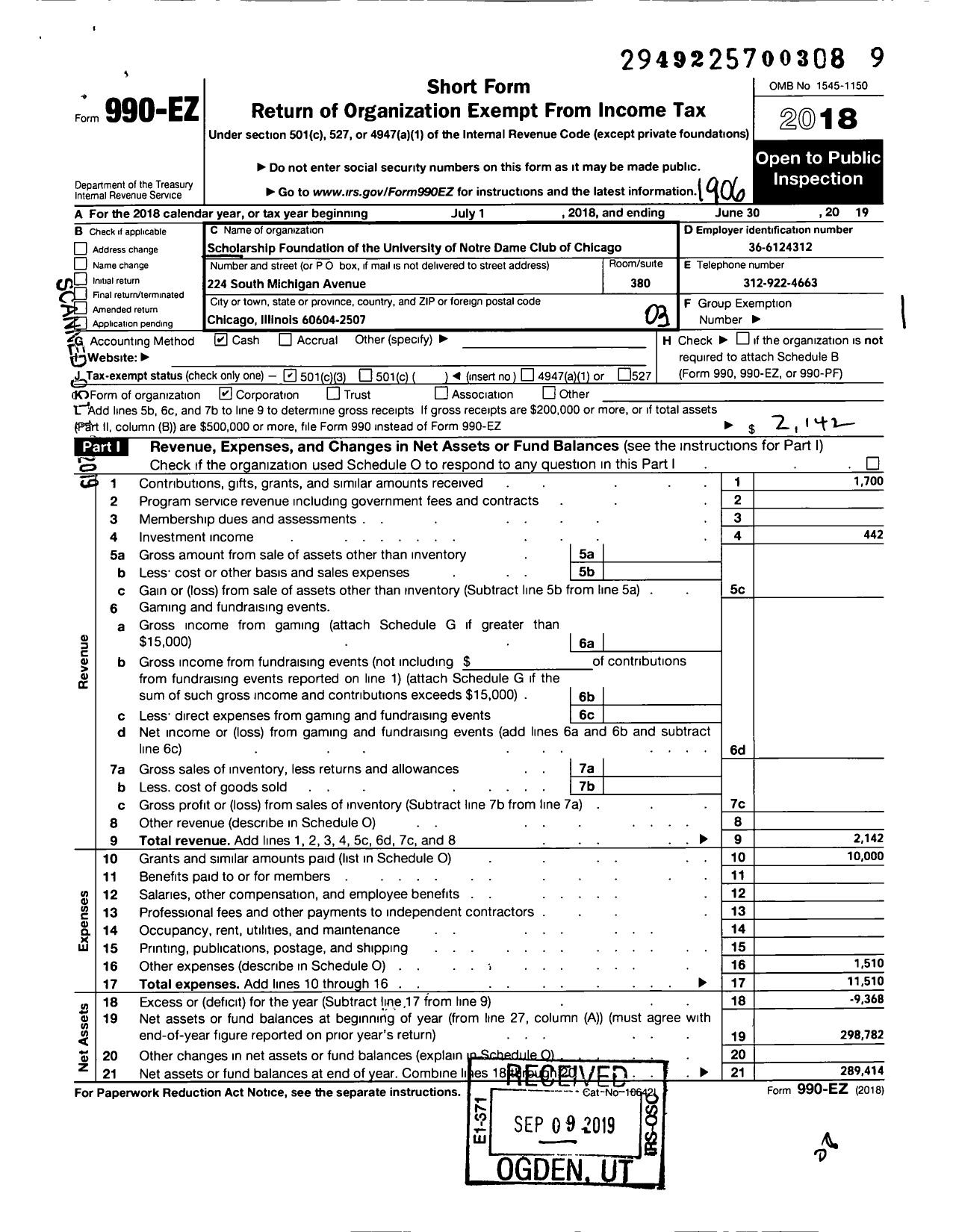 Image of first page of 2018 Form 990EZ for Scholarship Foundation of the University of Notre Dame Club of Chicago