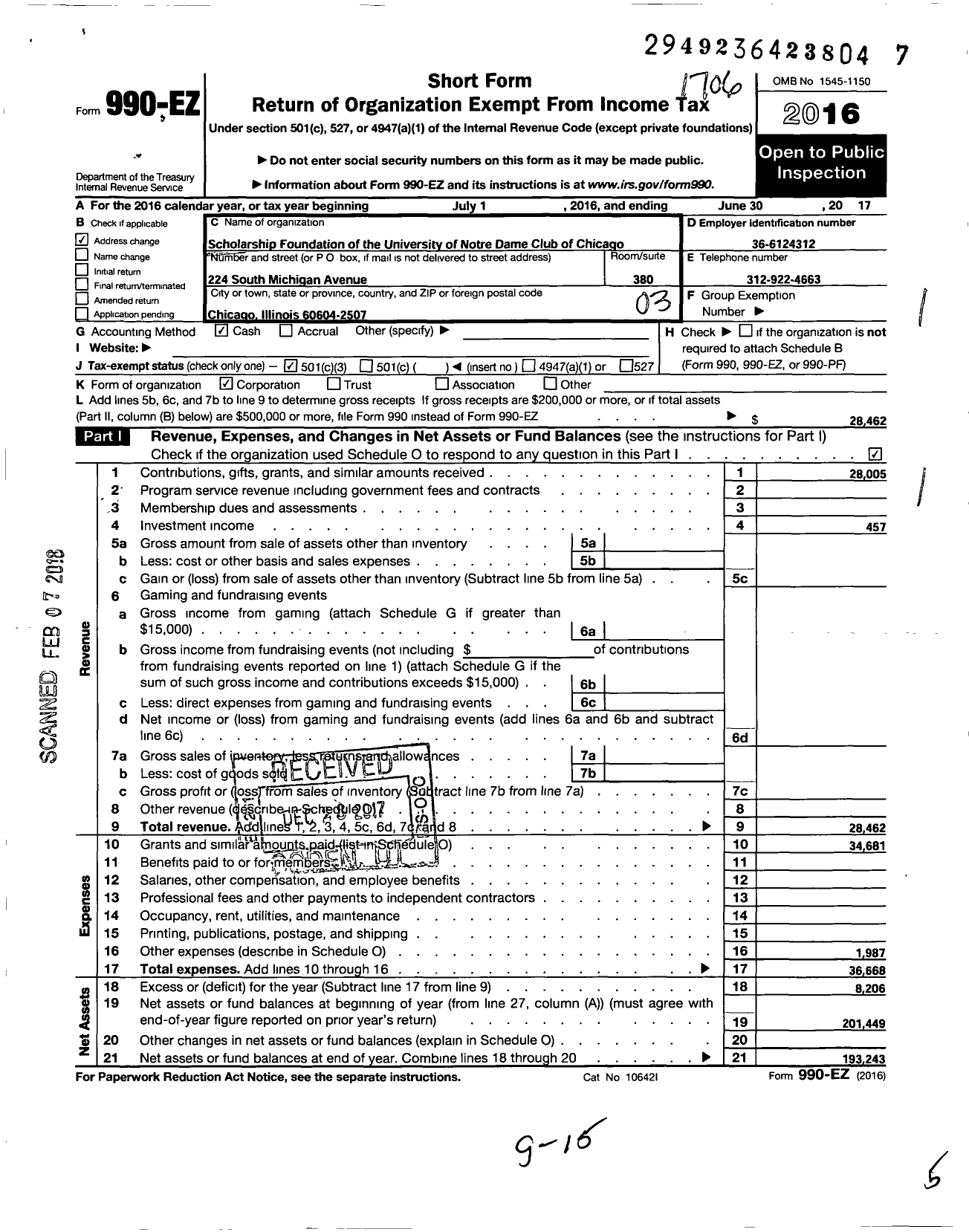 Image of first page of 2016 Form 990EZ for Scholarship Foundation of the University of Notre Dame Club of Chicago