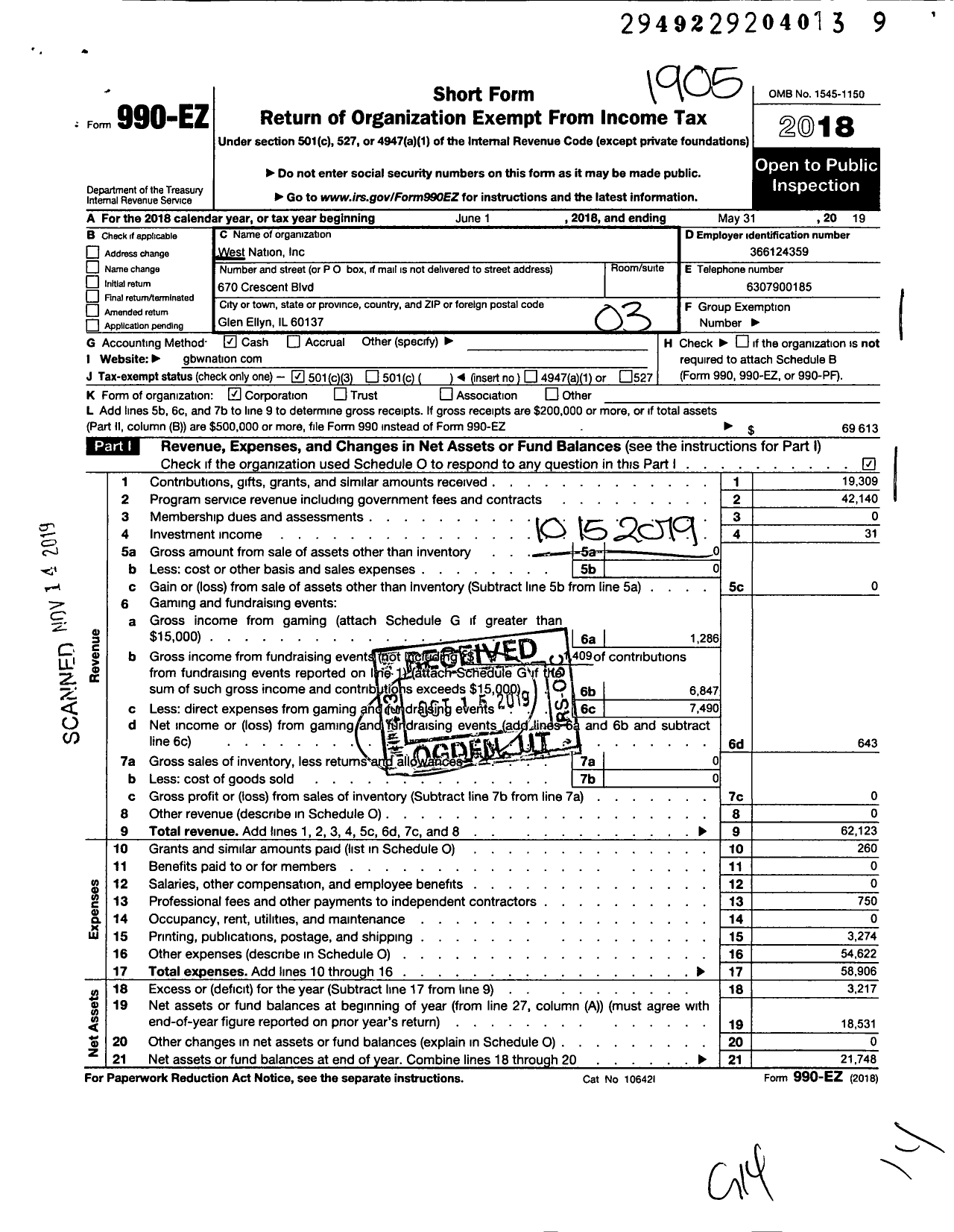 Image of first page of 2018 Form 990EZ for West Nation