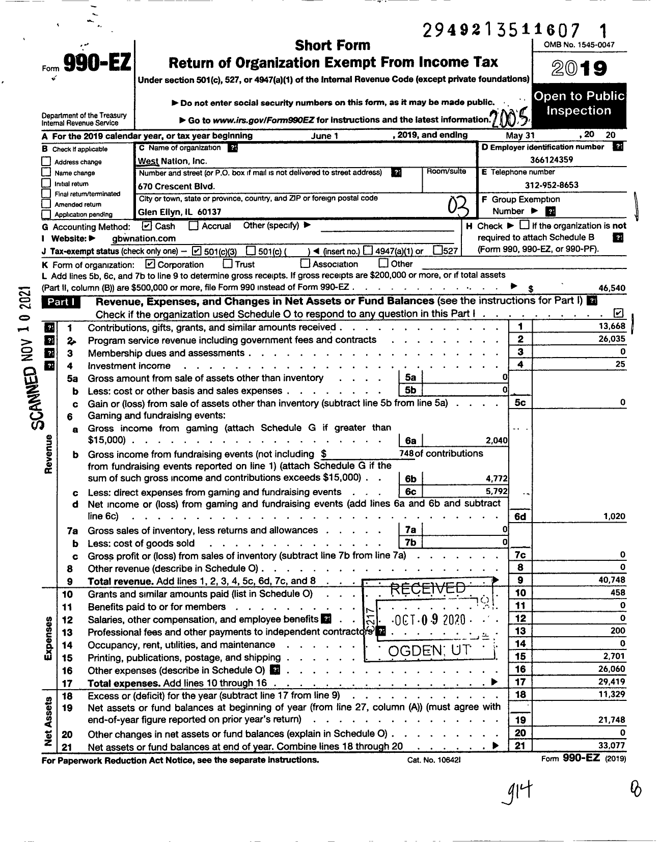 Image of first page of 2019 Form 990EZ for West Nation