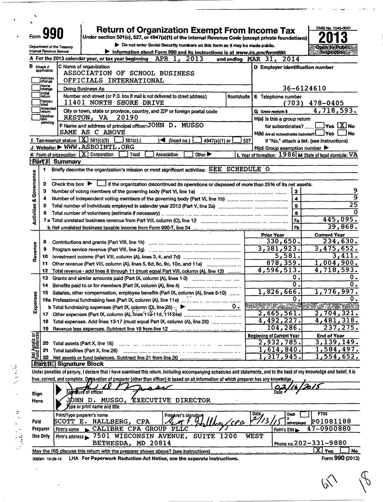 Image of first page of 2013 Form 990 for Association of School Business Officials International