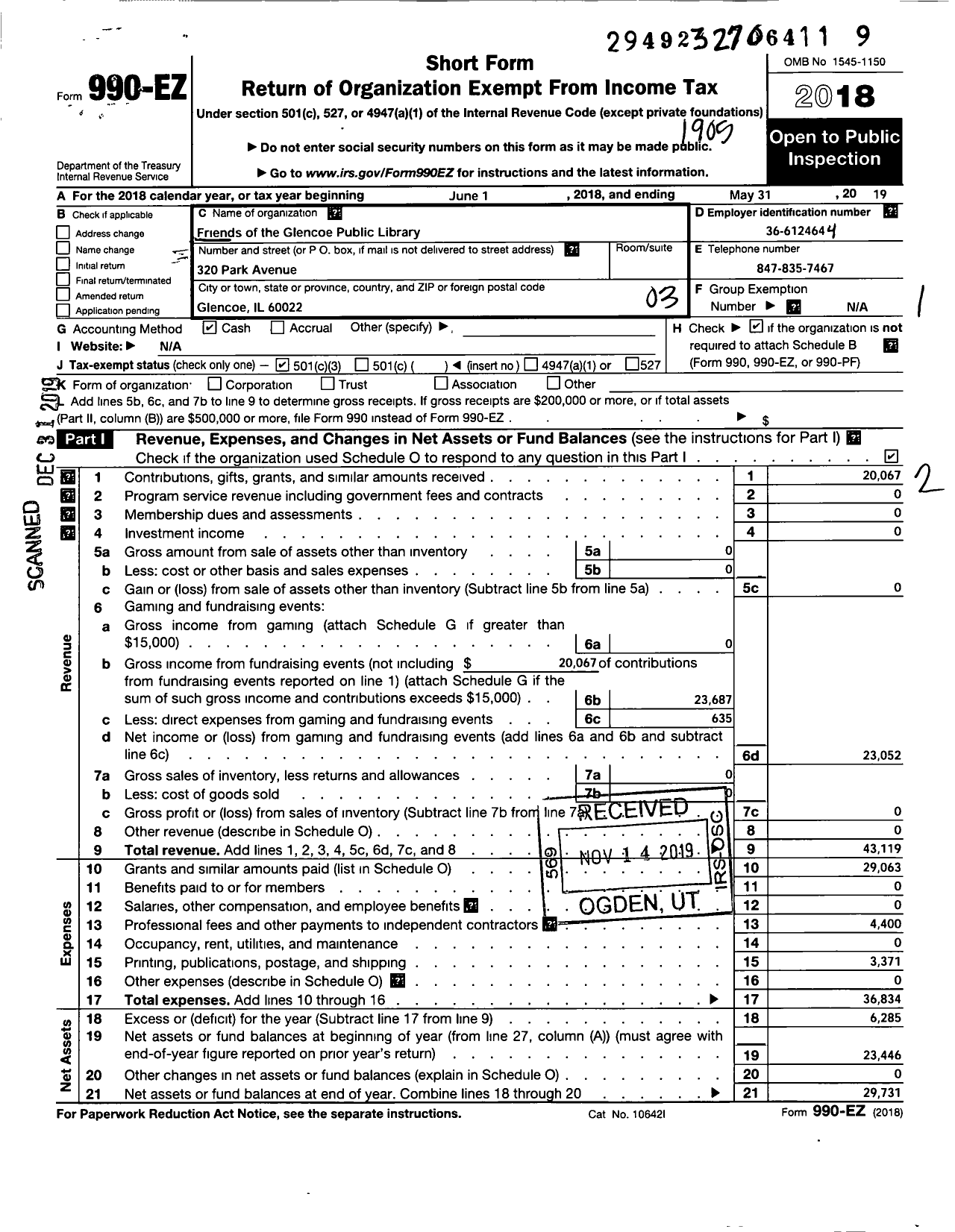 Image of first page of 2018 Form 990EZ for Friends of the Glencoe Public Library