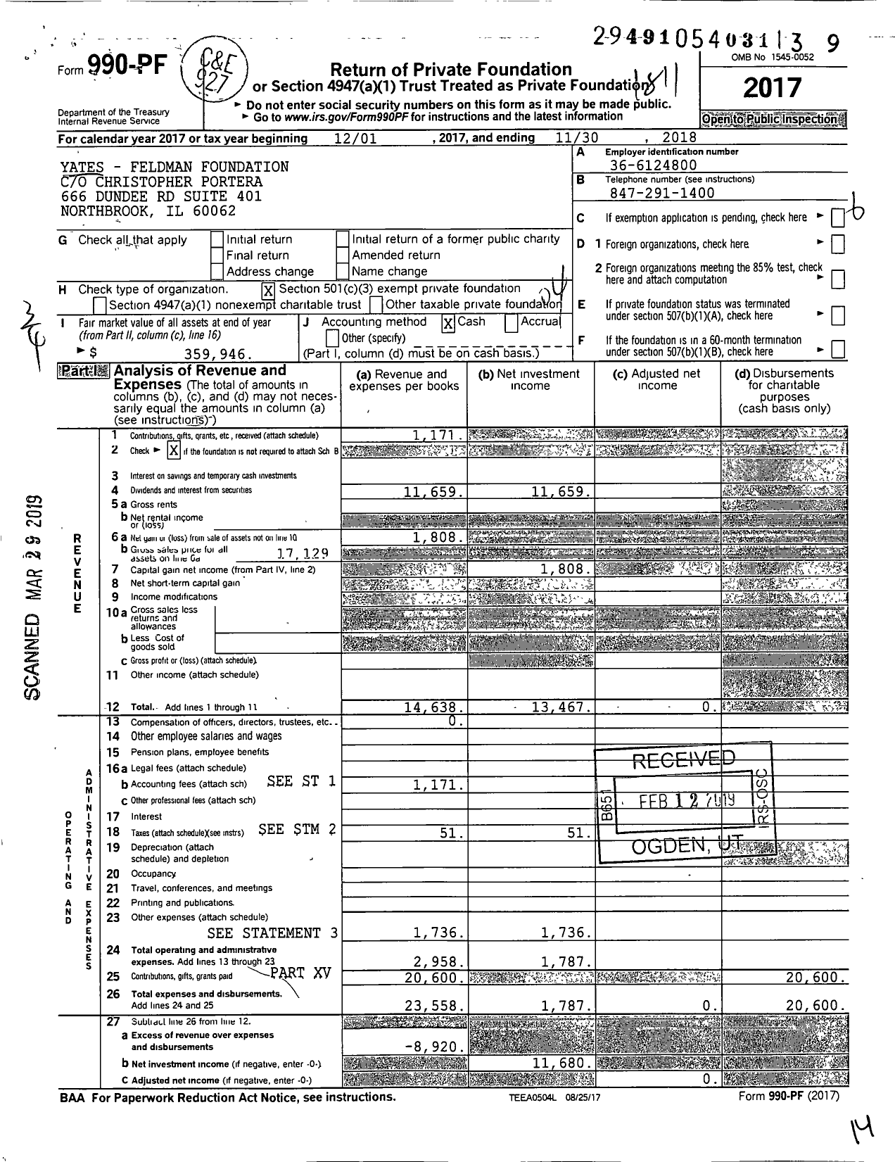 Image of first page of 2017 Form 990PF for Yates - Feldman Foundation