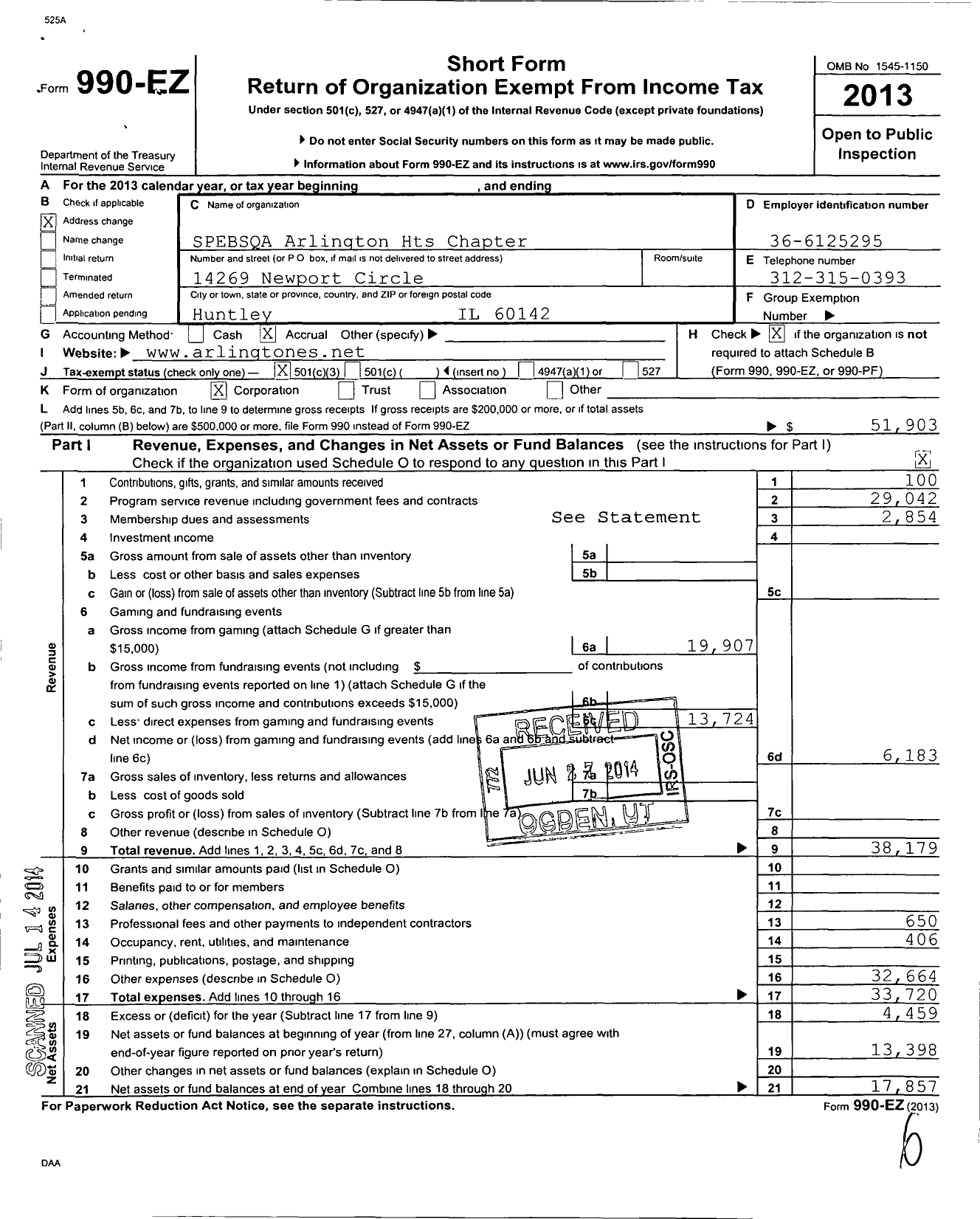 Image of first page of 2013 Form 990EZ for Barbershop Harmony Society - E002 Arlington Heights