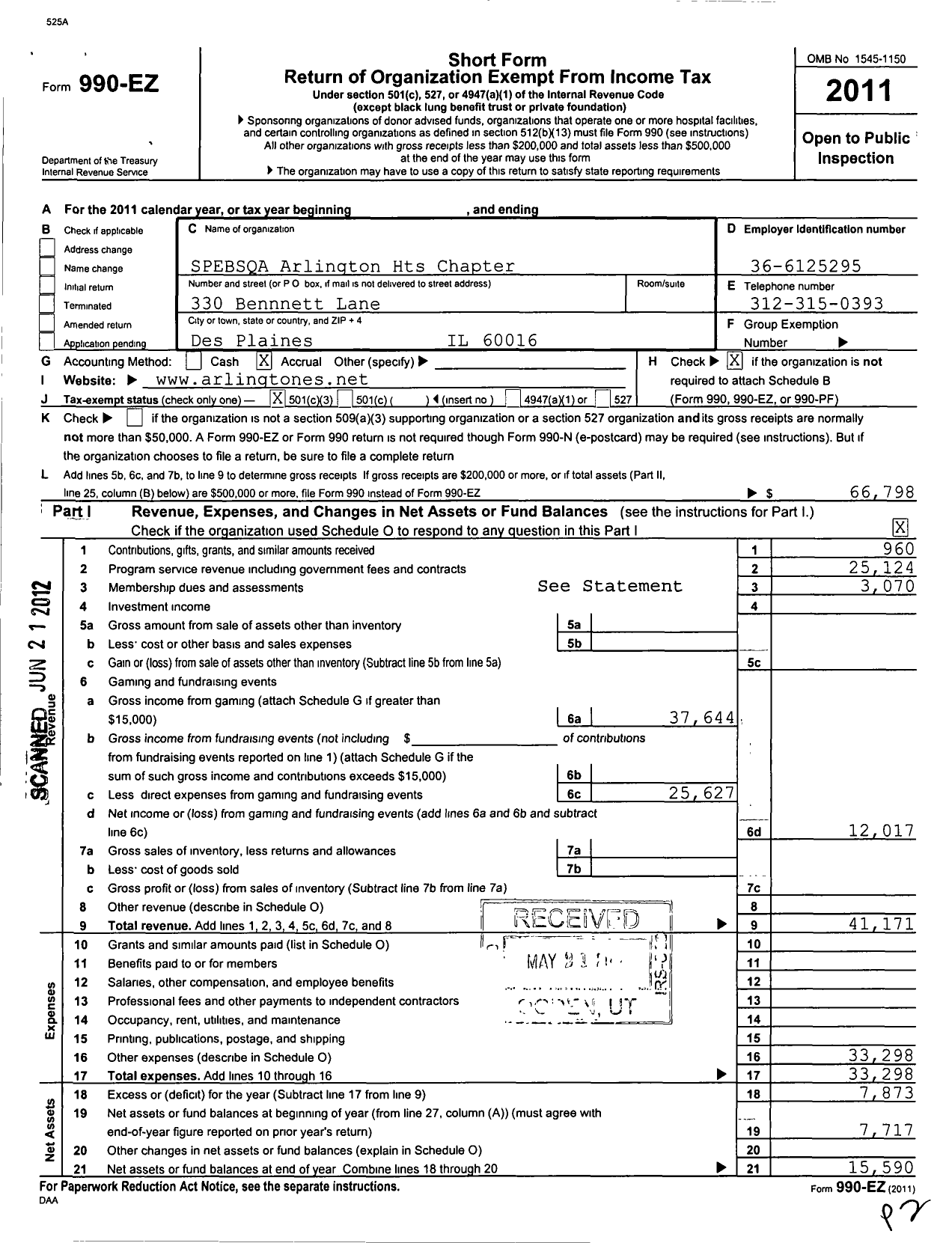 Image of first page of 2011 Form 990EZ for Barbershop Harmony Society - E002 Arlington Heights