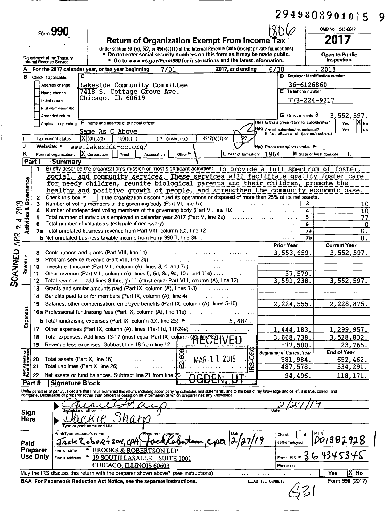 Image of first page of 2017 Form 990 for Lakeside Community Committee