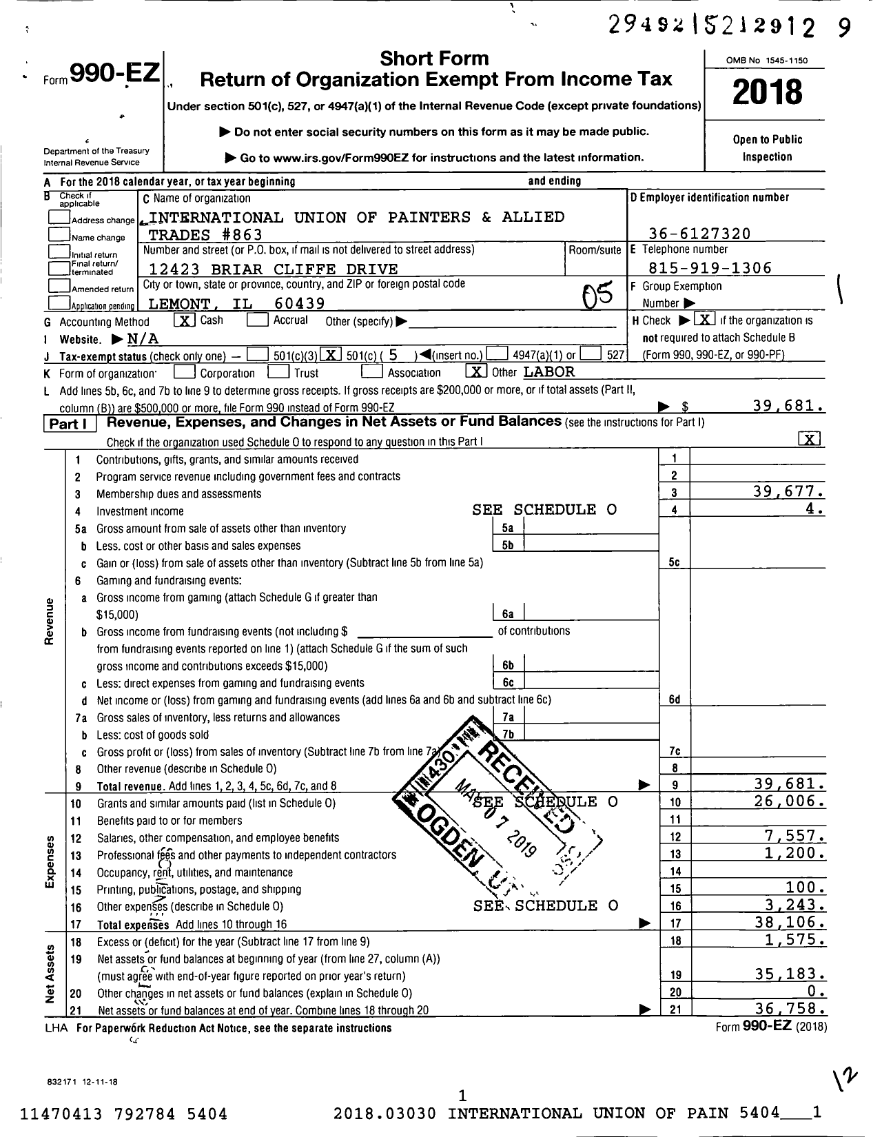 Image of first page of 2018 Form 990EO for International Union of Painters and Allied Trades - 863 Painters Local Union