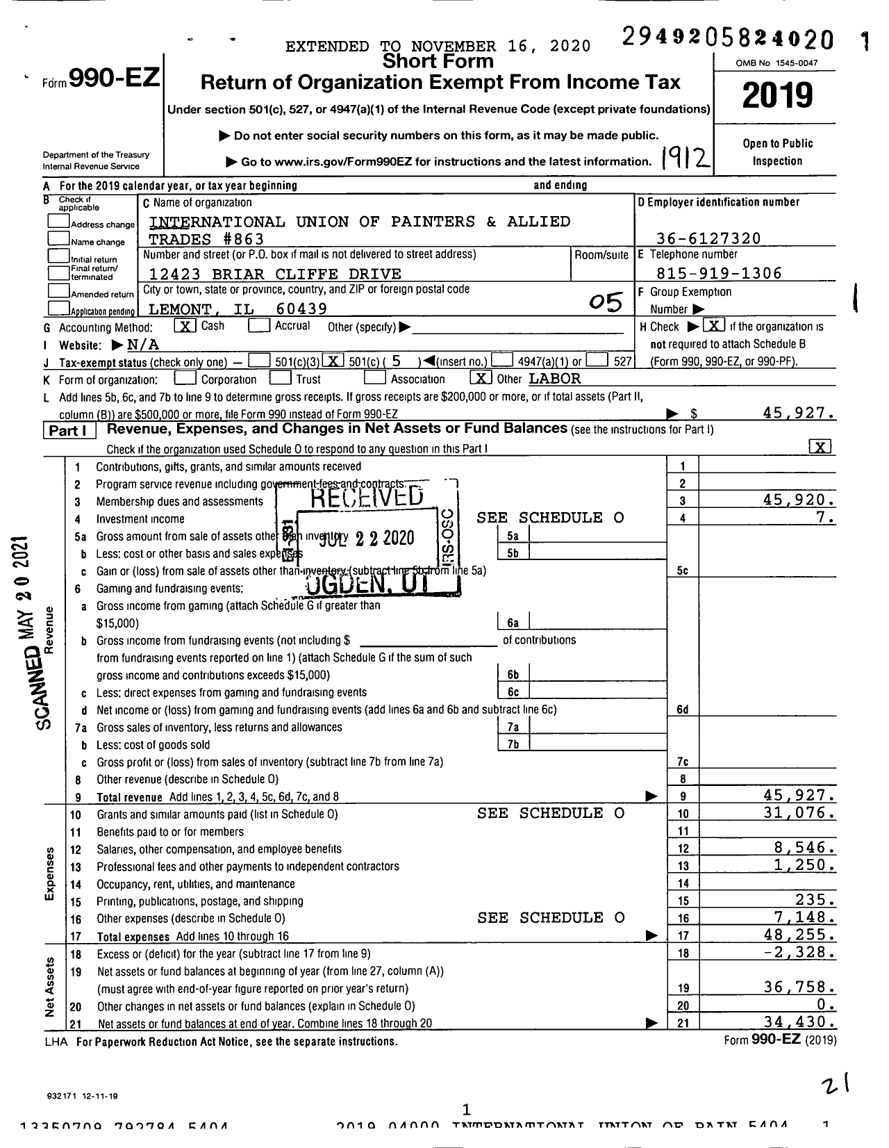 Image of first page of 2019 Form 990EO for International Union of Painters and Allied Trades - 863 Painters Local Union