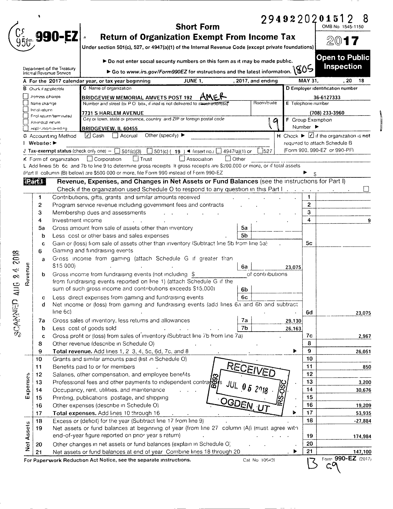 Image of first page of 2017 Form 990EO for Amvets - 0192-il