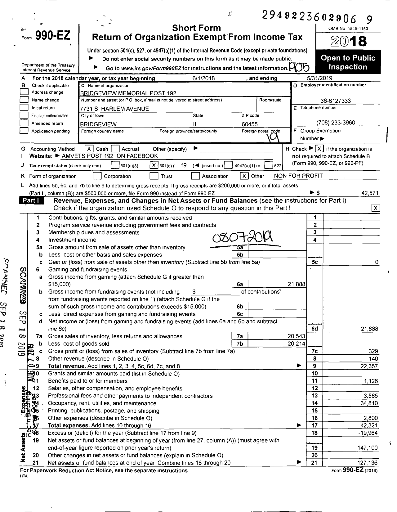 Image of first page of 2018 Form 990EO for Amvets - 0192-il