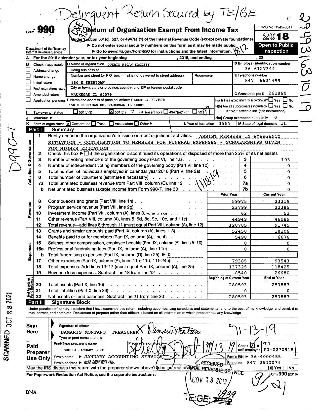 Image of first page of 2018 Form 990O for Puerto Rican Society