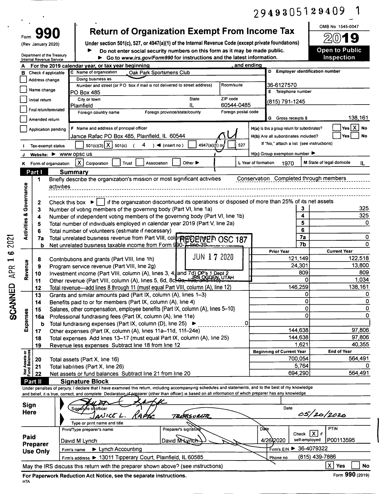 Image of first page of 2019 Form 990O for Oak Park Sportsmens Club