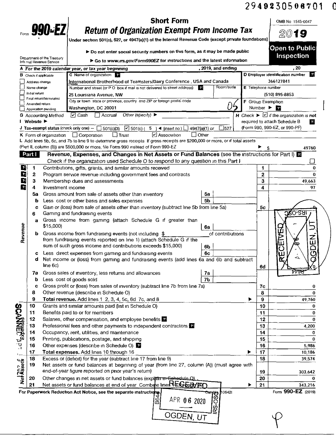 Image of first page of 2019 Form 990EO for Teamsters - Dairy Conference USA & Canada