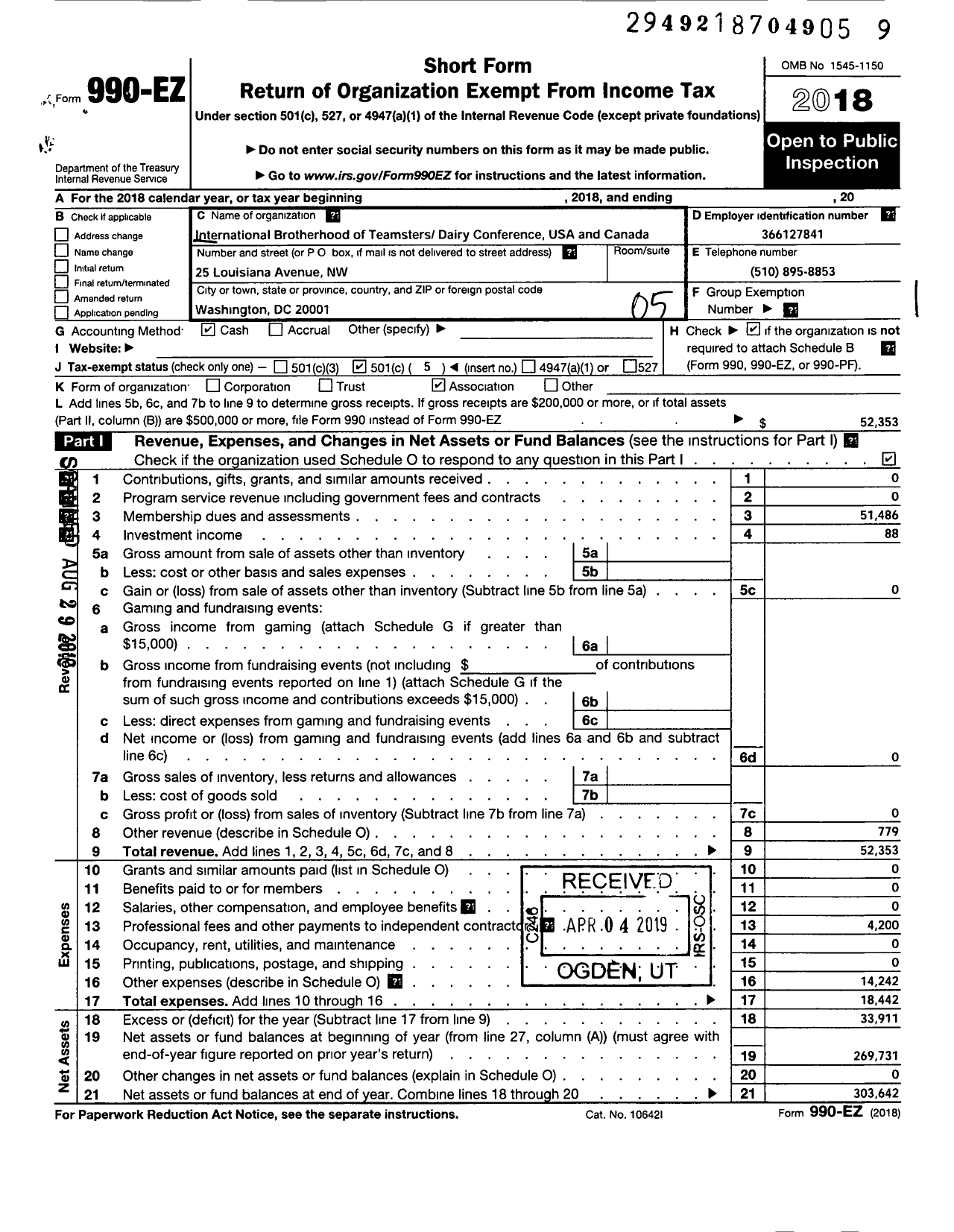 Image of first page of 2018 Form 990EO for Teamsters - Dairy Conference USA & Canada