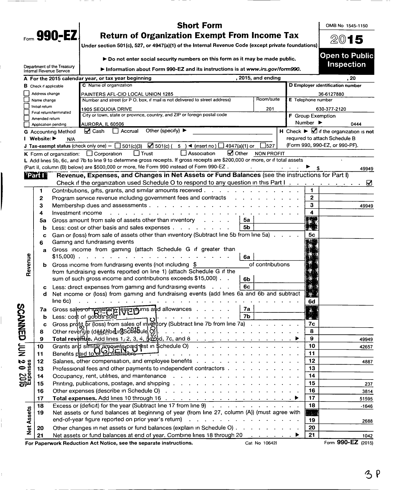 Image of first page of 2015 Form 990EO for International Union of Painters and Allied Trades - 1285 Painters Local Union