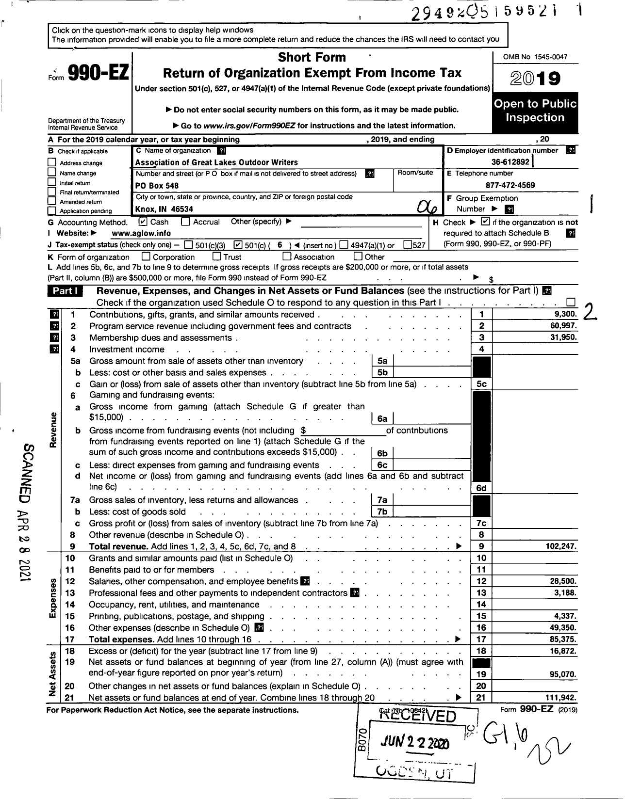 Image of first page of 2019 Form 990EO for Association of Great Lakes Outdoor Writers (AGLOW)