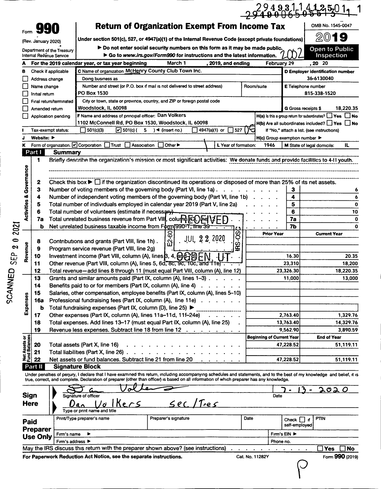 Image of first page of 2019 Form 990O for Mchenry County 4-H Club Town