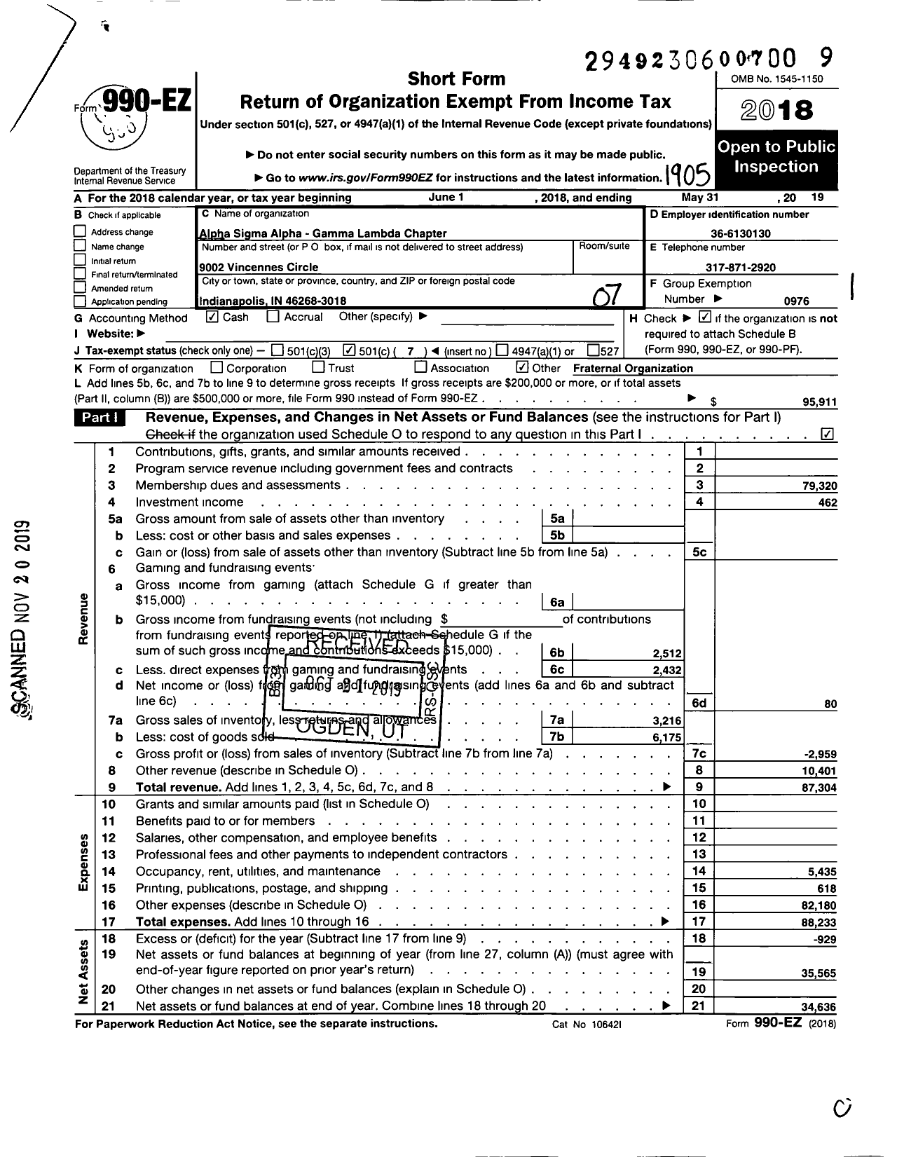 Image of first page of 2018 Form 990EO for Alpha Sigma Alpha Sorority / Gamma Lambda Chapter