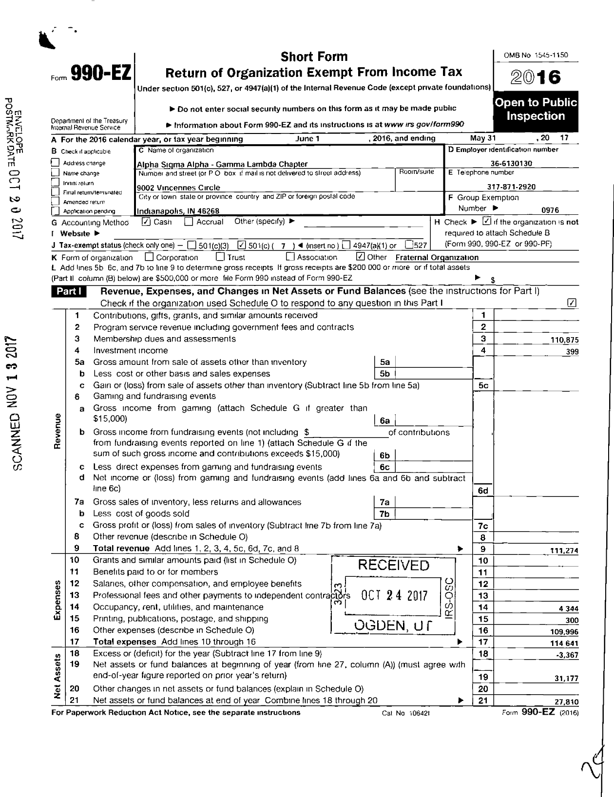 Image of first page of 2016 Form 990EO for Alpha Sigma Alpha Sorority / Gamma Lambda Chapter